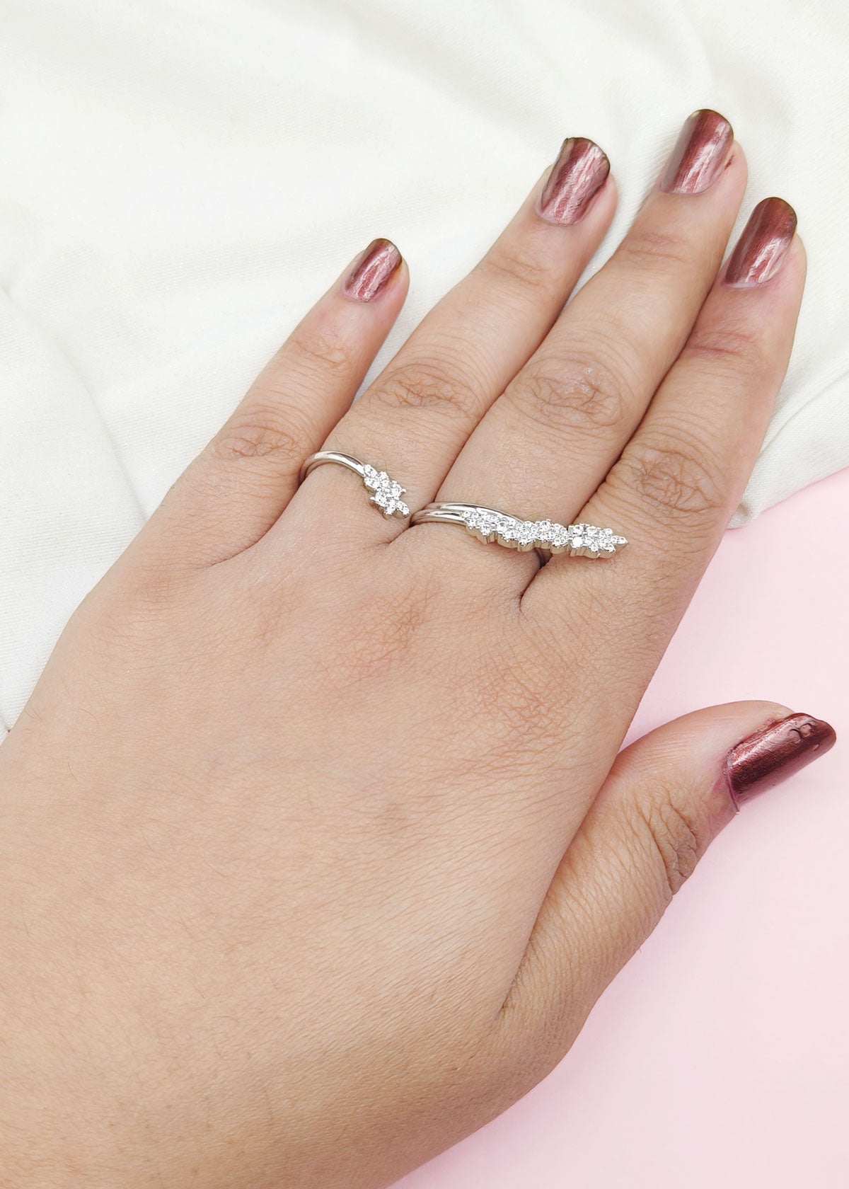 92.5 Sterling Silver Vintage Double Curved Cubic Zircon Women Adjustable Finger Ring