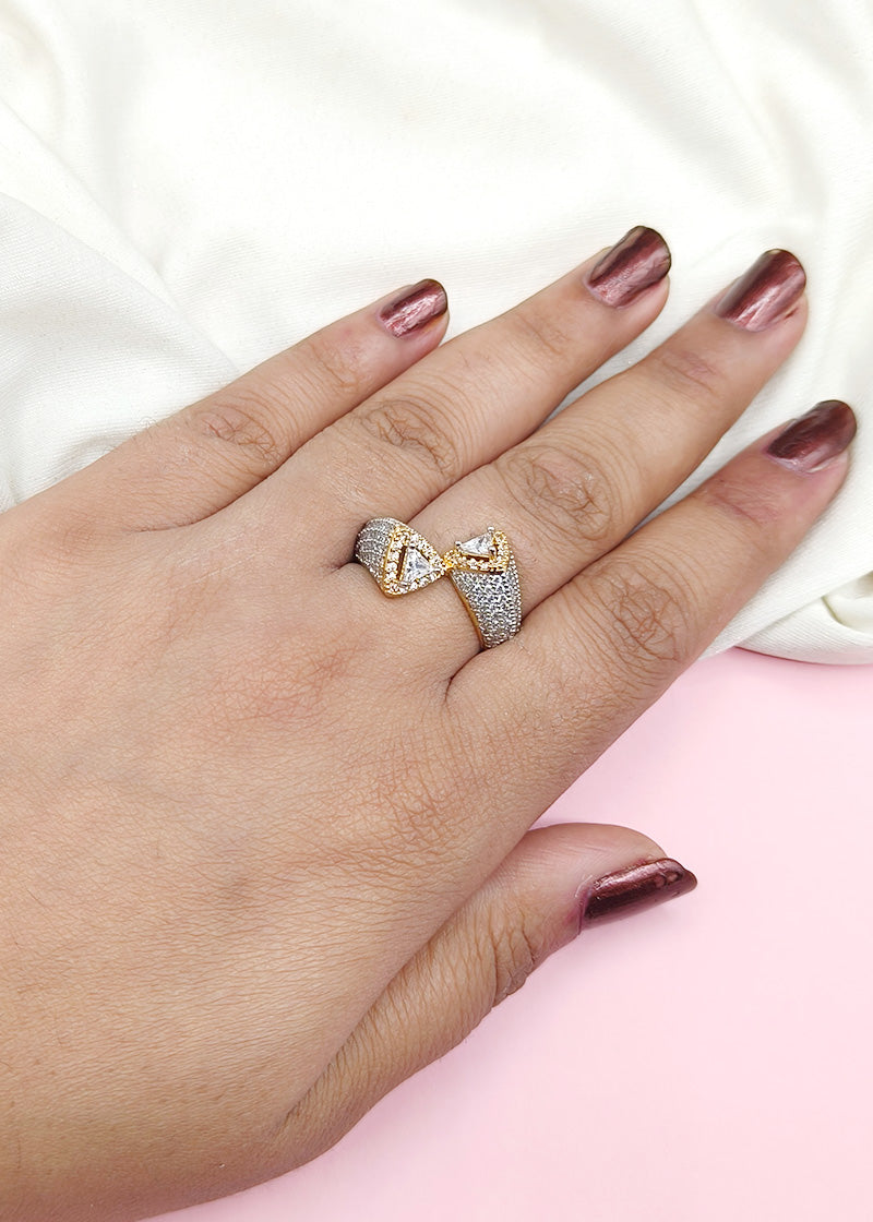 Triangle Shaped Gold & Silver Fancy CZ Women Adjustable Finger Ring