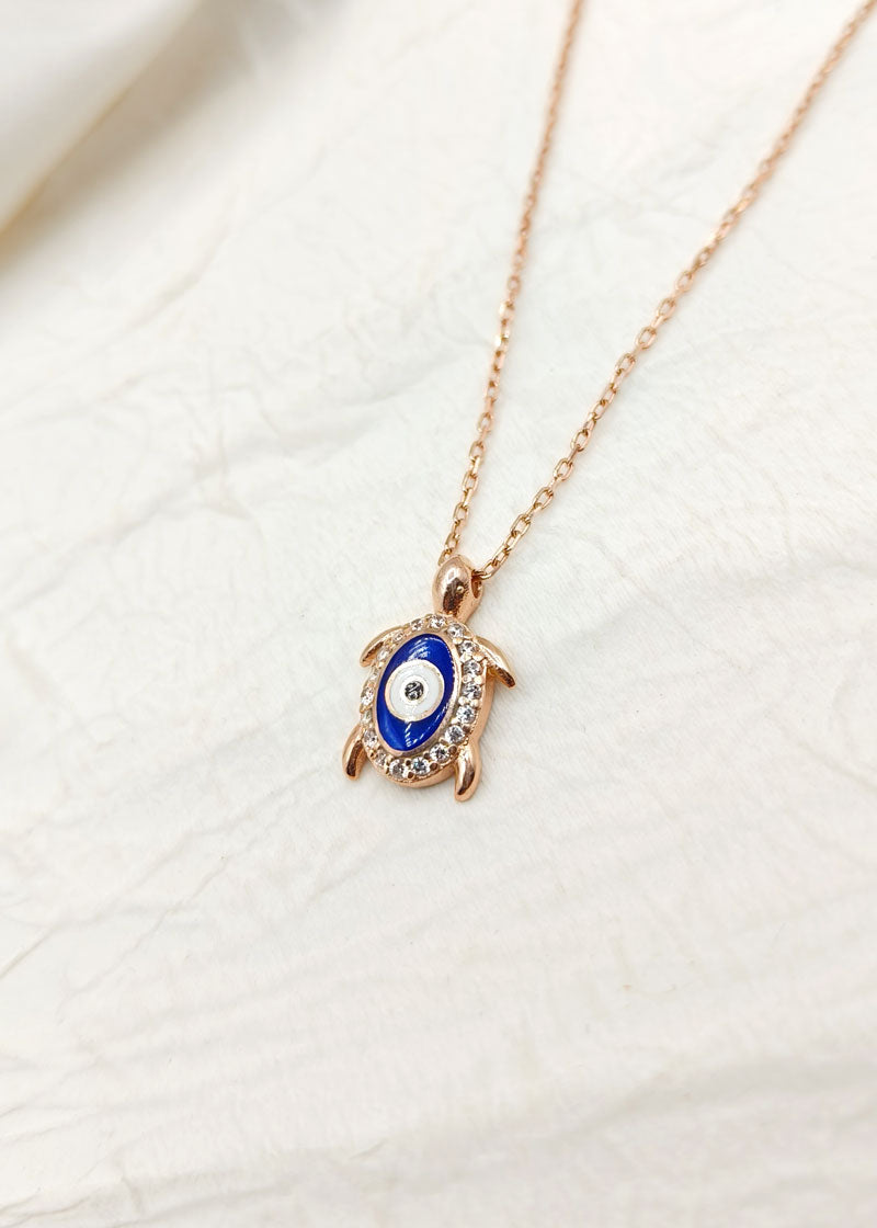 92.5 Sterling Silver Evil Eye Rose Gold Plated Turtle Pendant + Chain