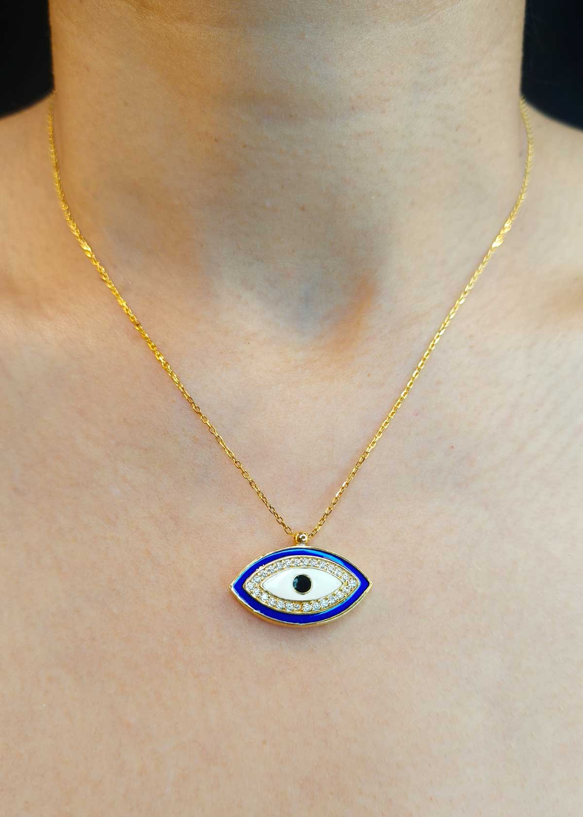 92.5 Sterling Silver Cubic Zircon Blue Evil Eye Pendant + Chain