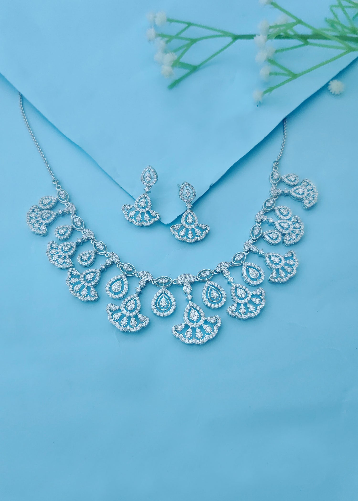 Reception wear silver plated zircon necklace set