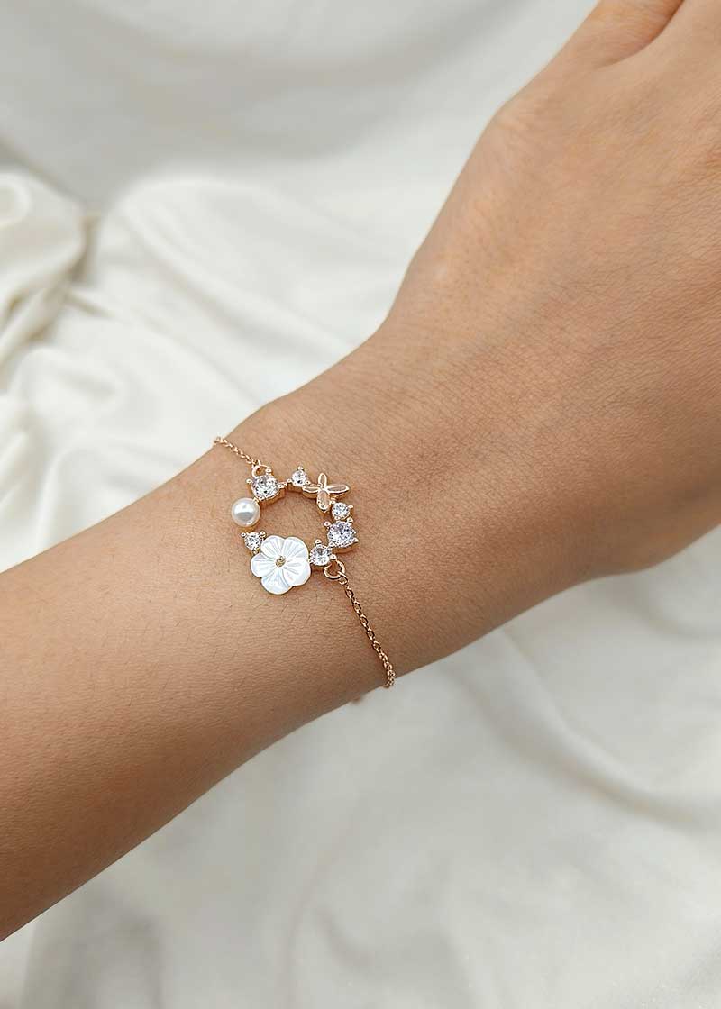 92.5 Sterling Silver Cubic Zircon Rose Gold Plated  Mother of Pearl Floral Women Loose Bracelet