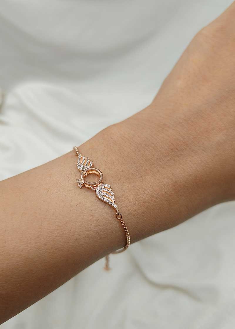 92.5 Sterling Silver Cubic Zircon Angel Wings Rose Gold Plated Women Loose Bracelet