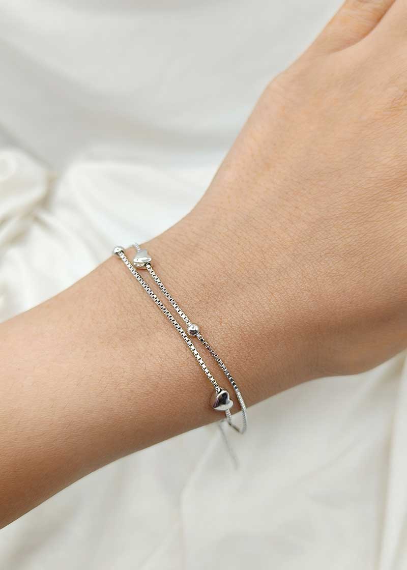 92.5 Sterling Silver Heart & Beads. Double Layered Women Loose Bracelet