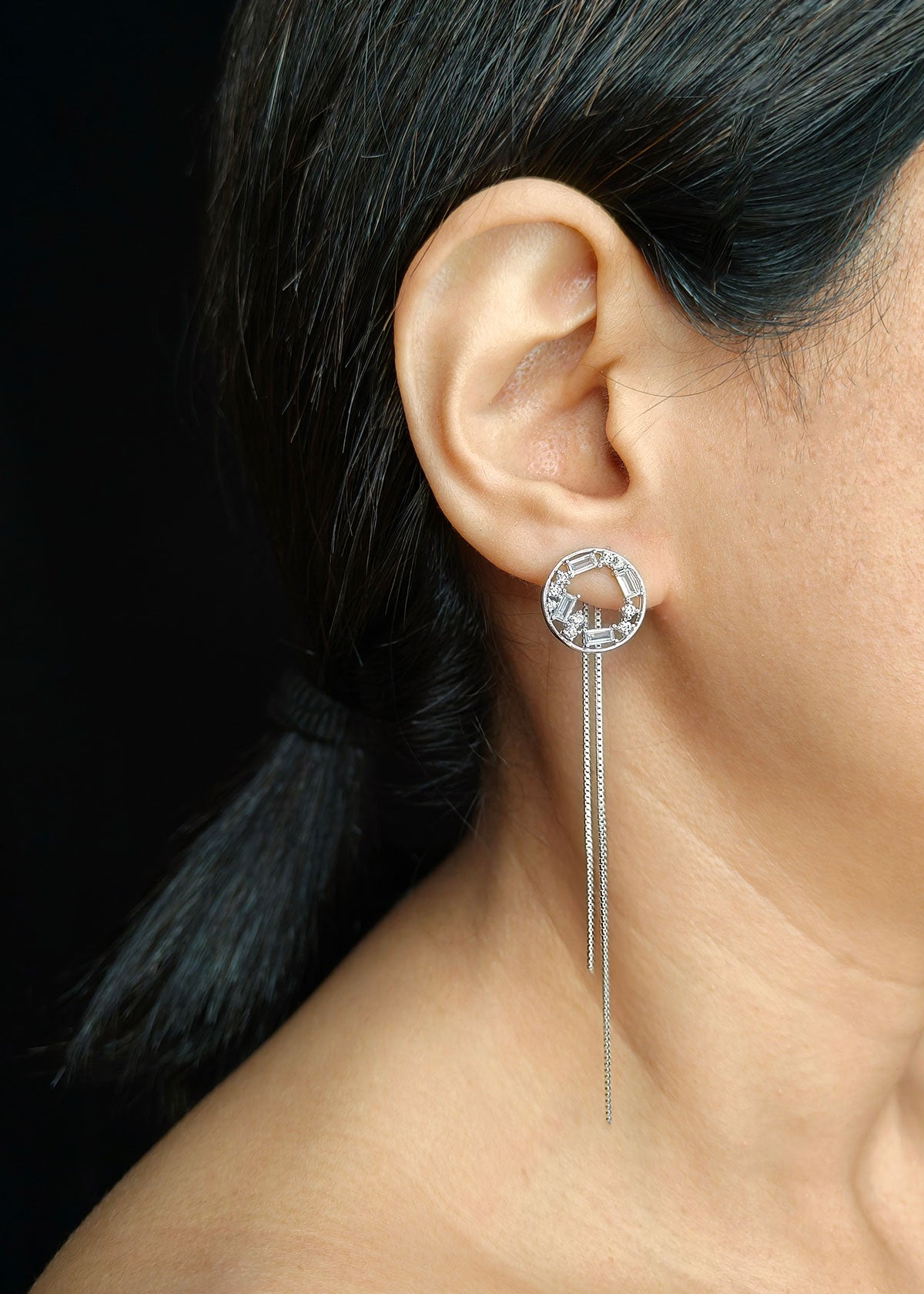 92.5 Sterling silver 2 in 1 Pearl Cubic Zircon Long Earring Changeable to Stud