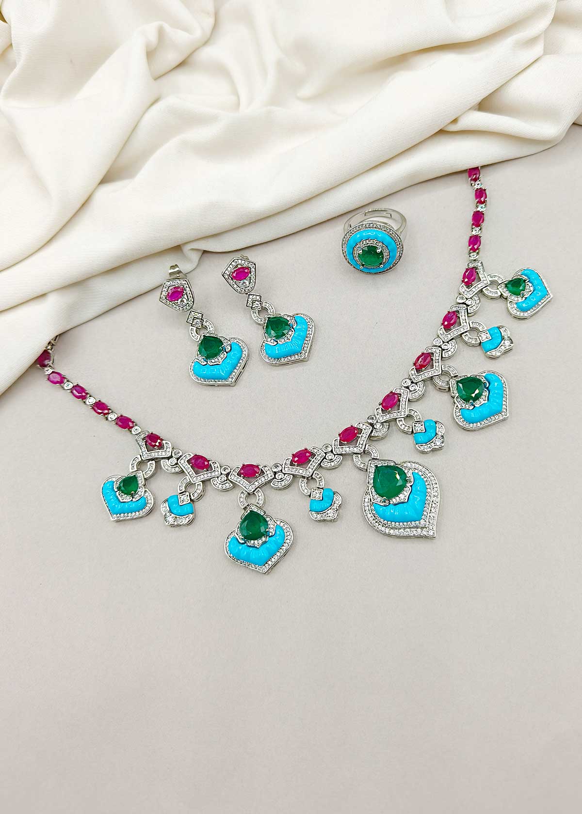 Cubic Zircon Blue Colour Designer Women Short Necklace Set With Finger Ring