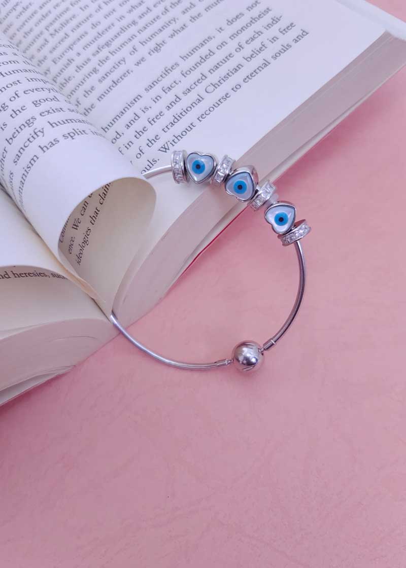 92.5 Sterling Silver Zircon Heart Shape Evil Eye Women Charms Kada Bracelet