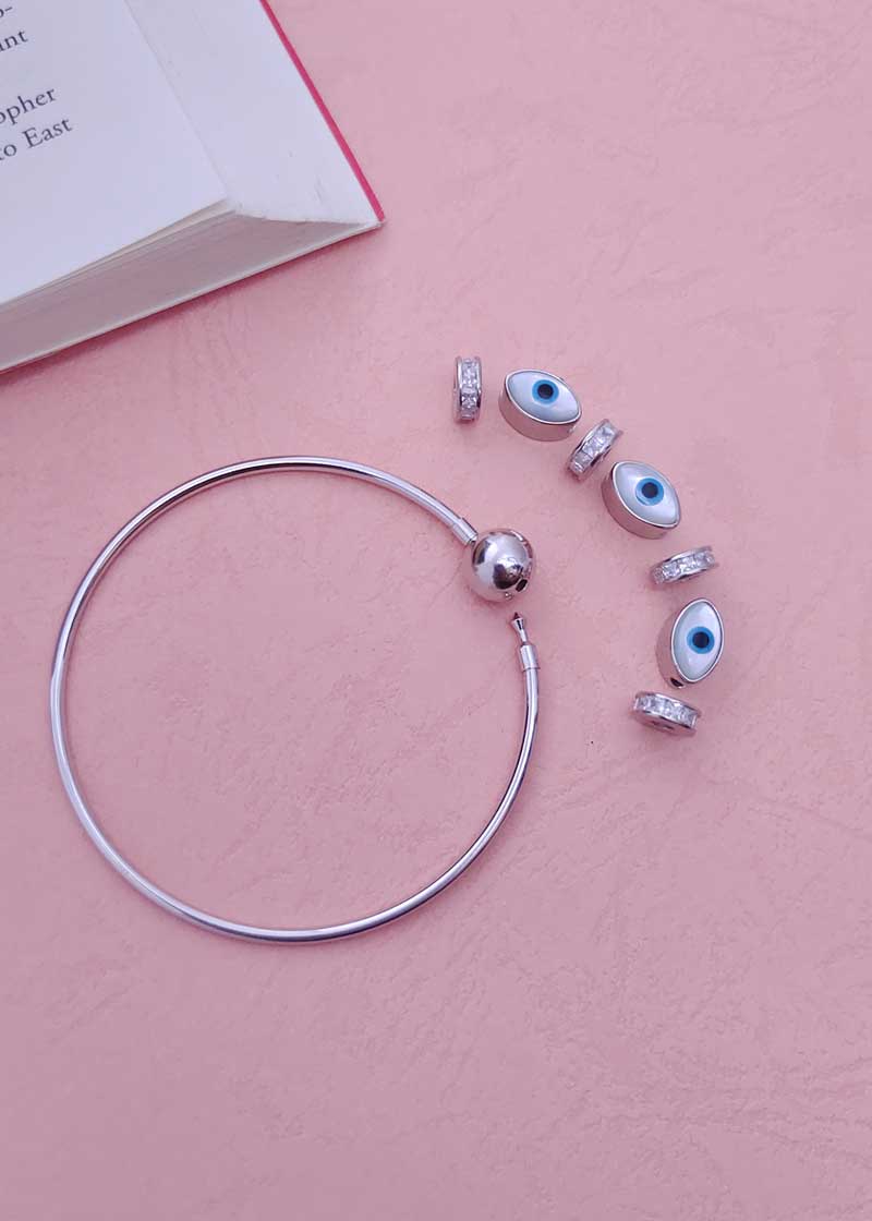92.5 Sterling Silver Zircon Evil Eye Women Charms Kada Bracelet