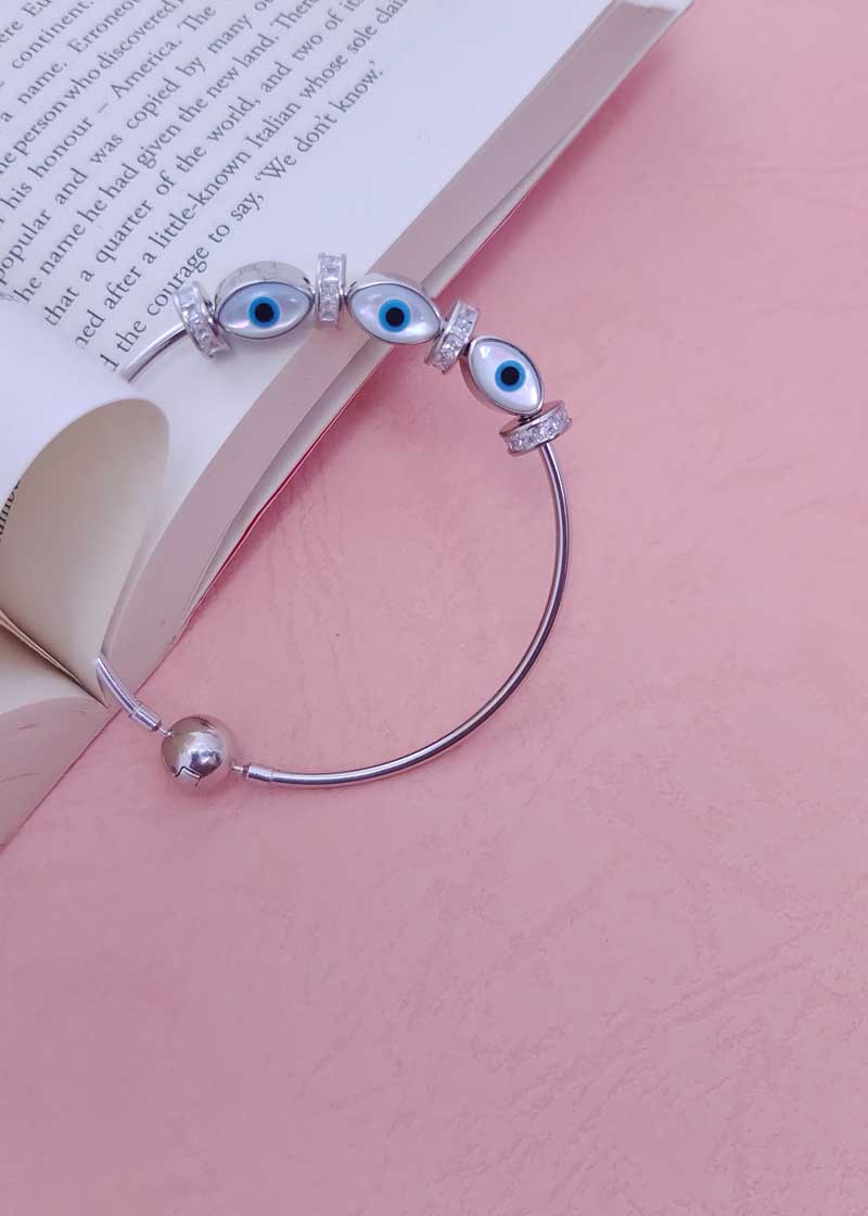 92.5 Sterling Silver Zircon Evil Eye Women Charms Kada Bracelet