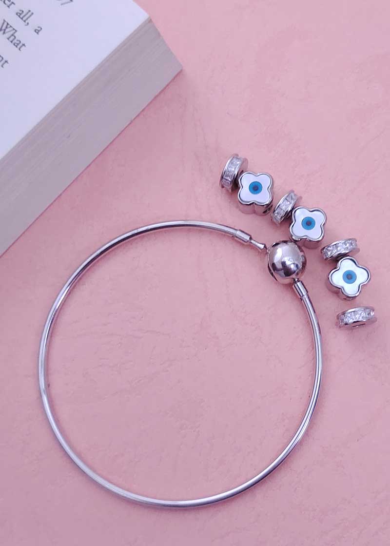 92.5 Sterling Silver Evil Eye Zircon Women Charms Kada Bracelet