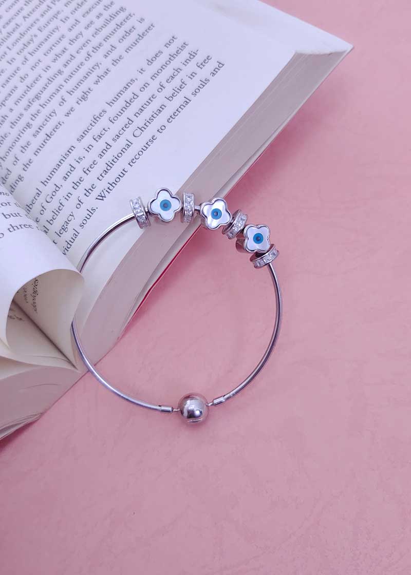 92.5 Sterling Silver Evil Eye Zircon Women Charms Kada Bracelet