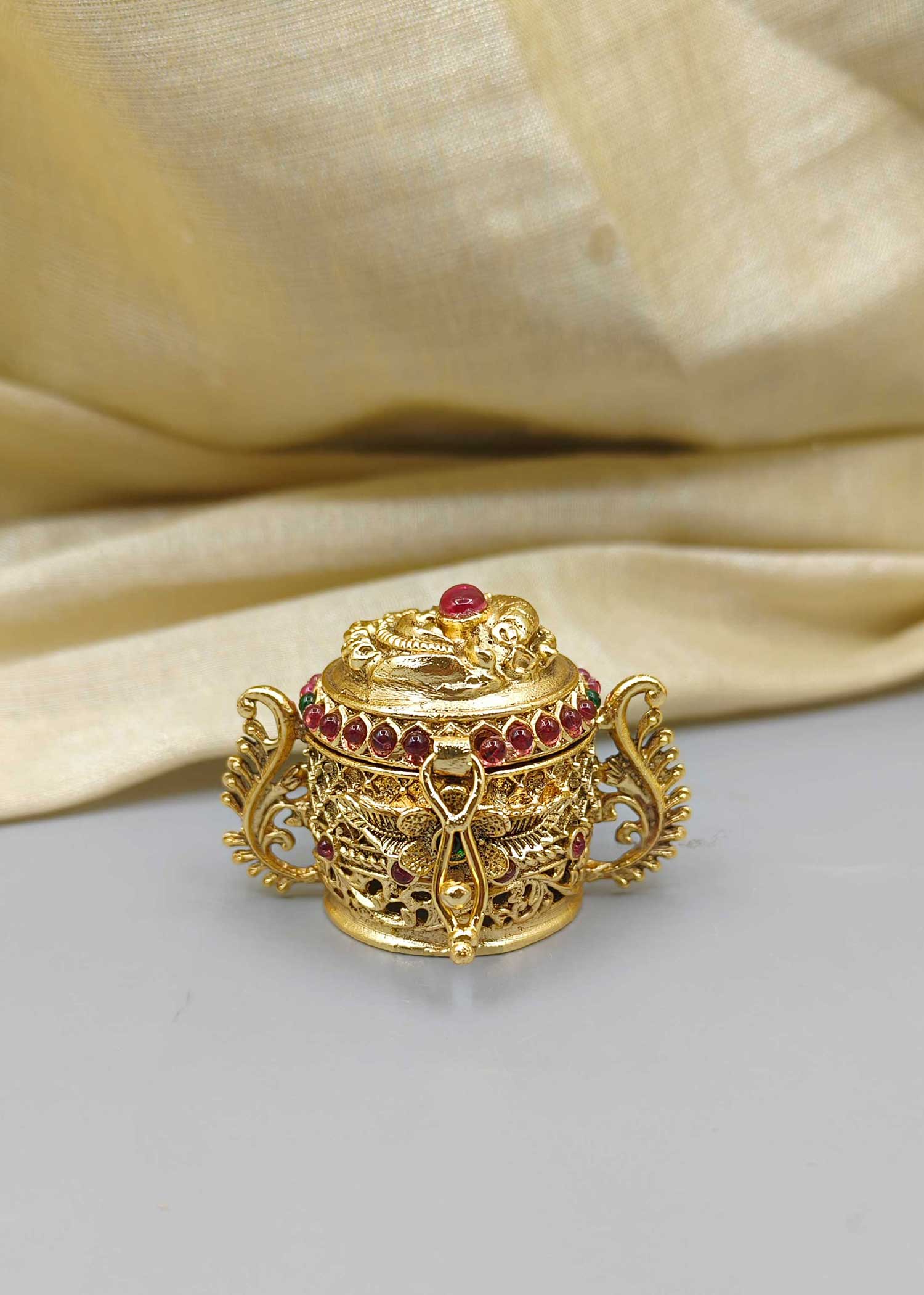 Gold Plated Ruby Kumkum Box / SIndoor Box