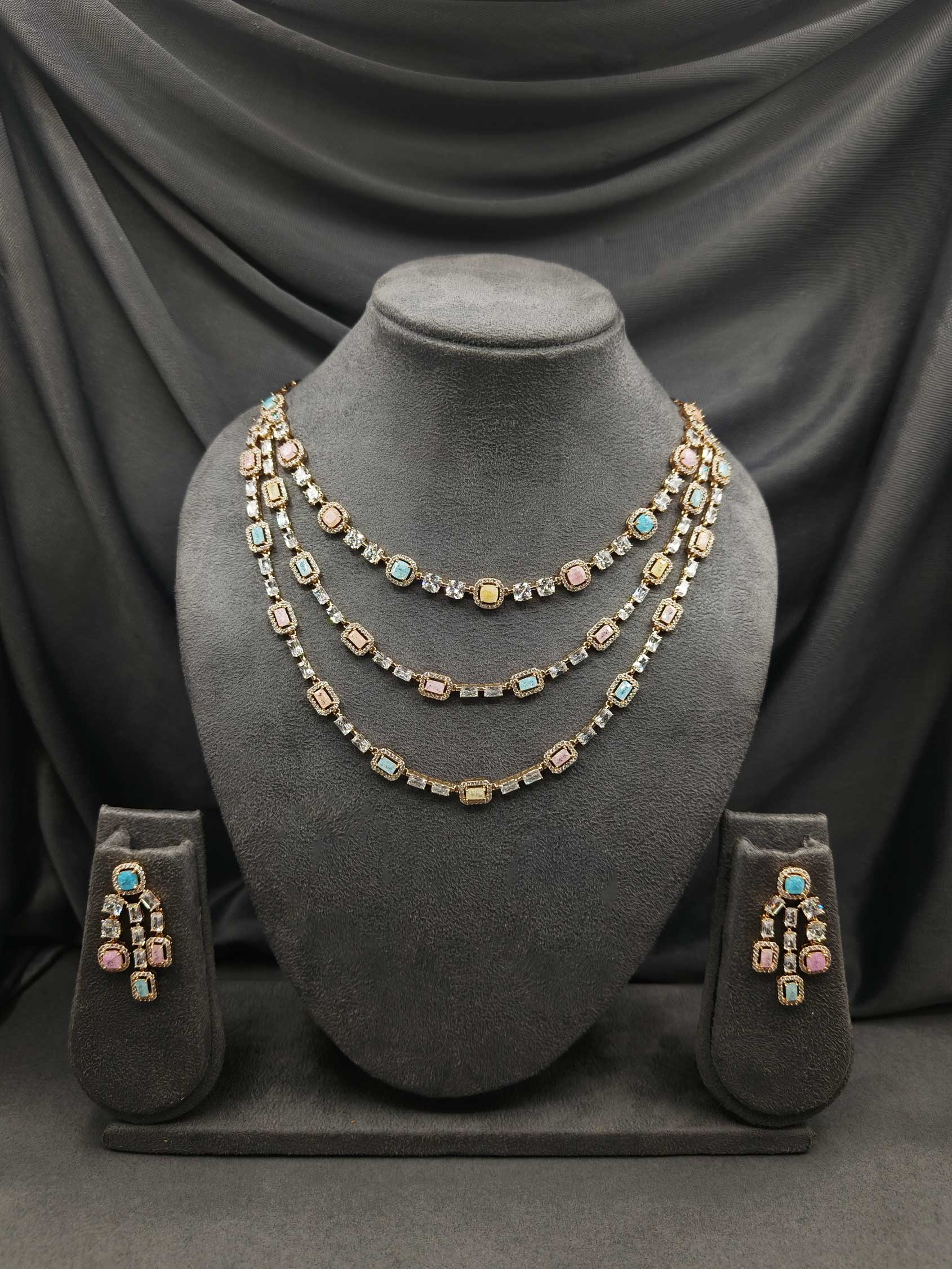 Cubic Zircon Vintage Crystal Multi Color Gold Plated Necklace Set