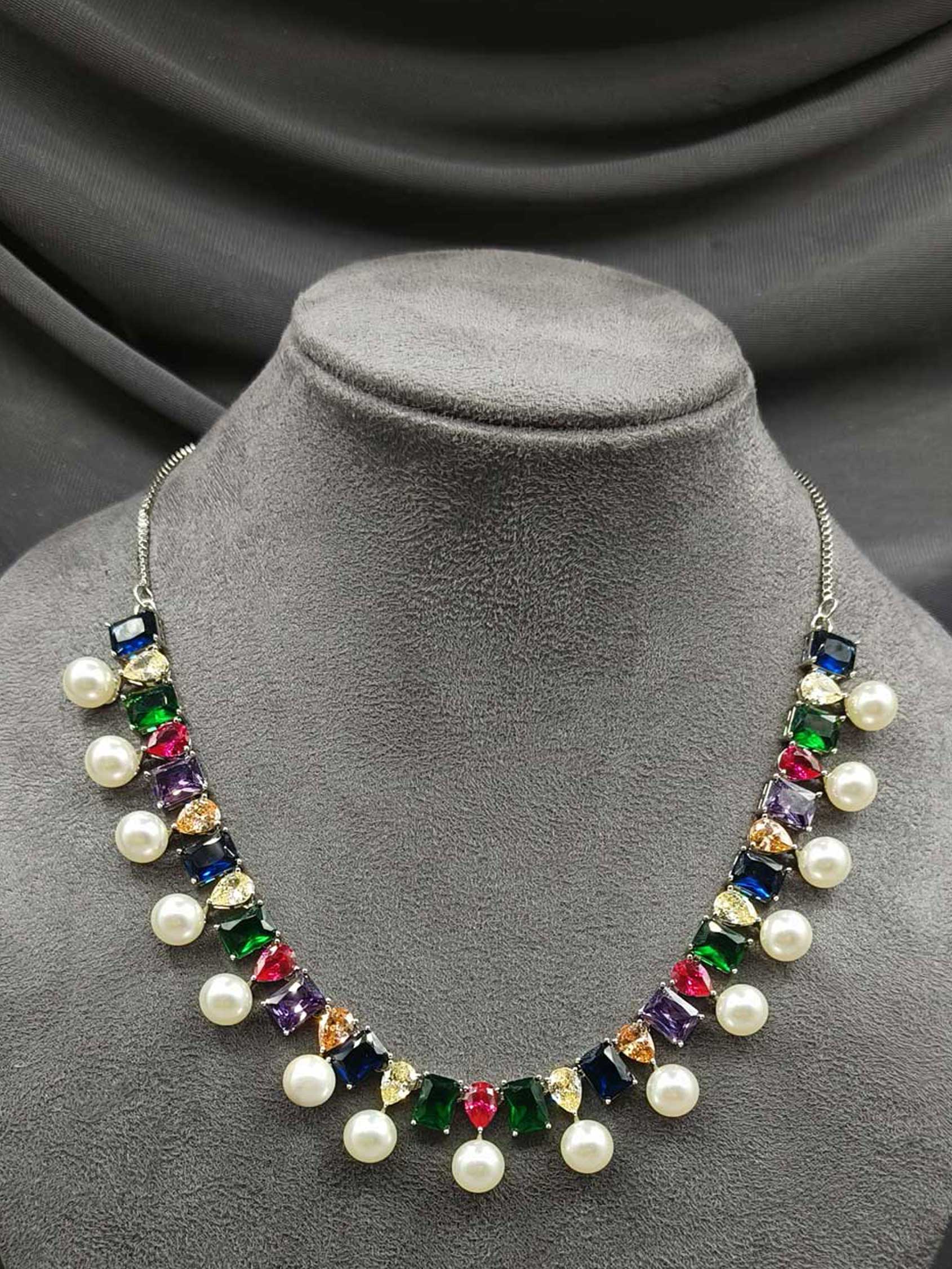 Rhodium Multi Colored Pearl CZ Necklace Set