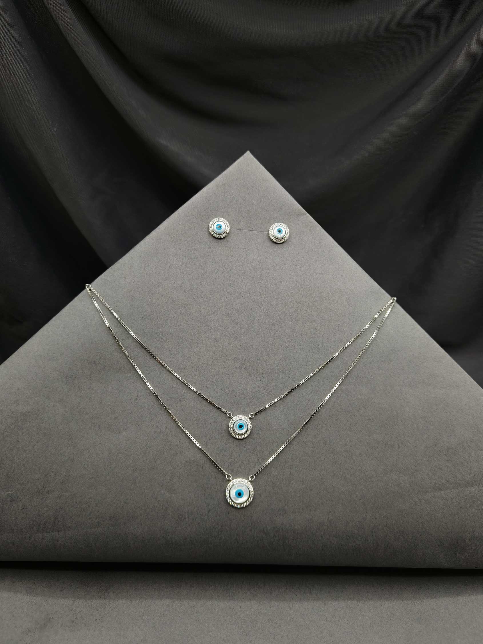 92.5 Sterling Silver Double Layer CZ Evil Eye Pendent Set