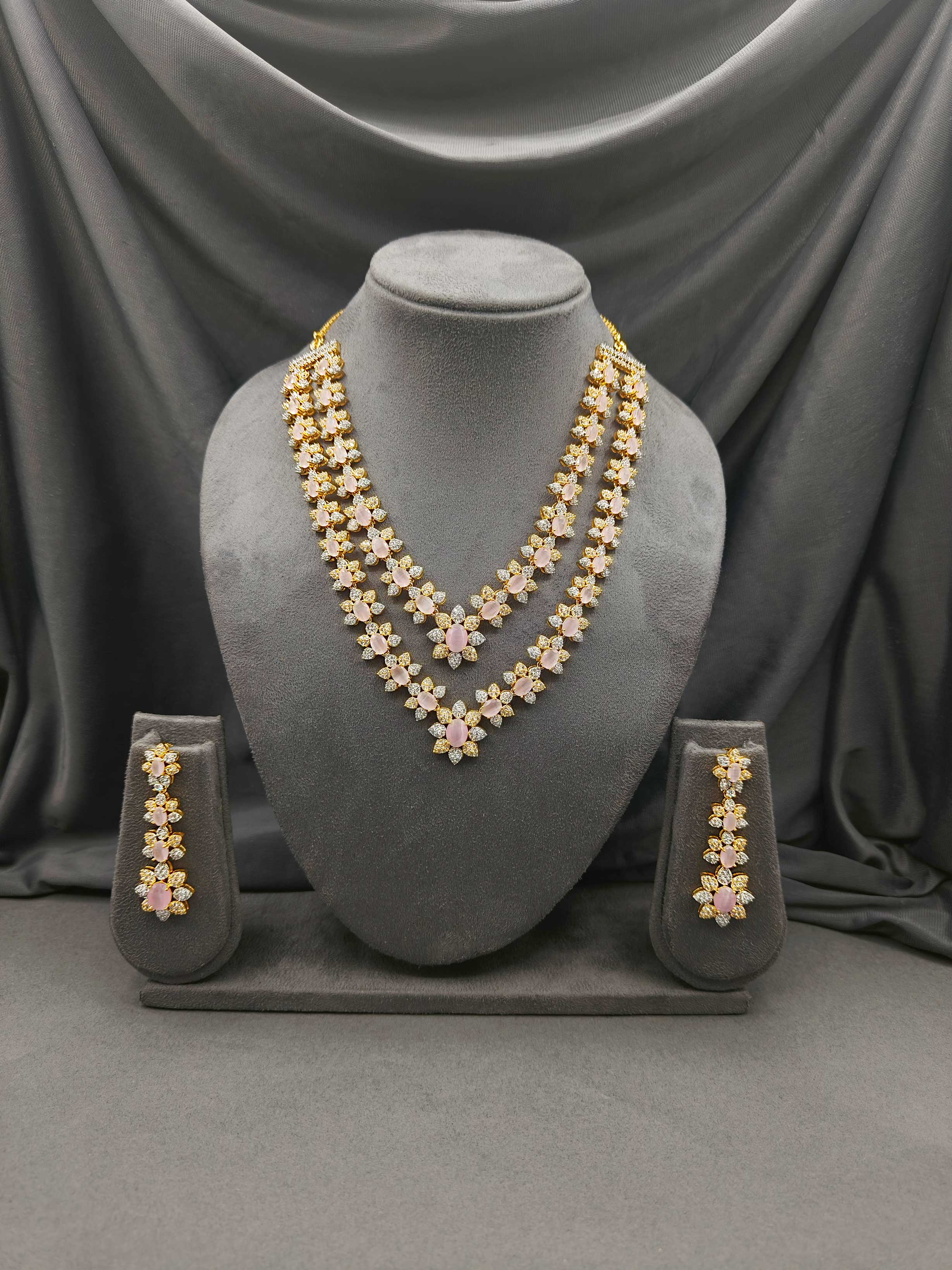 Flower Design Traditional Gold-Rhodium CZ Necklace Set