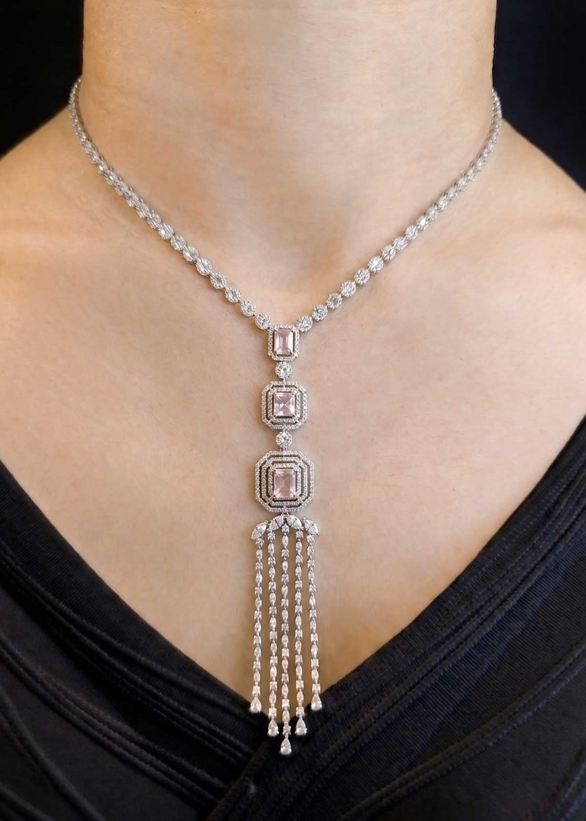 Silver Plated Drop Layer Square Design Cubic Zircon Long Necklace Set