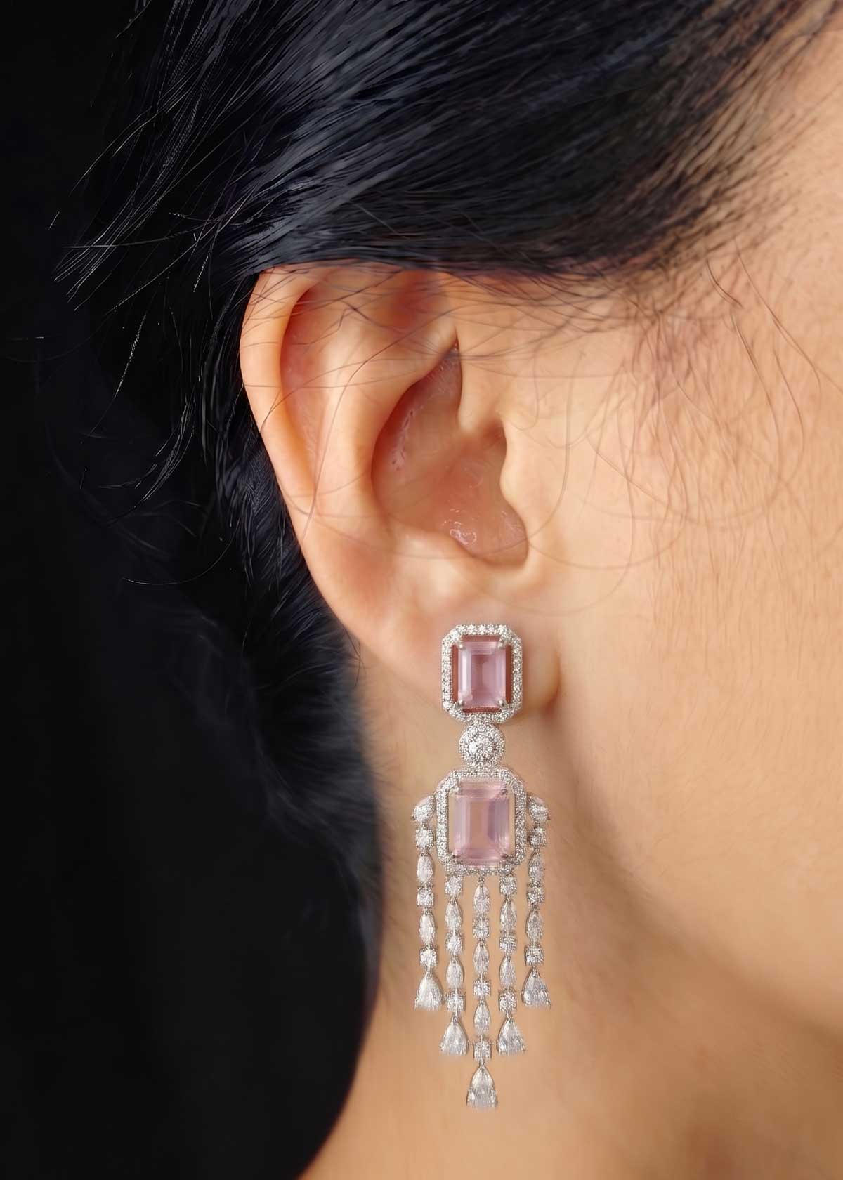 Silver Plated Drop Layer Square Design Cubic Zircon Long Necklace Set