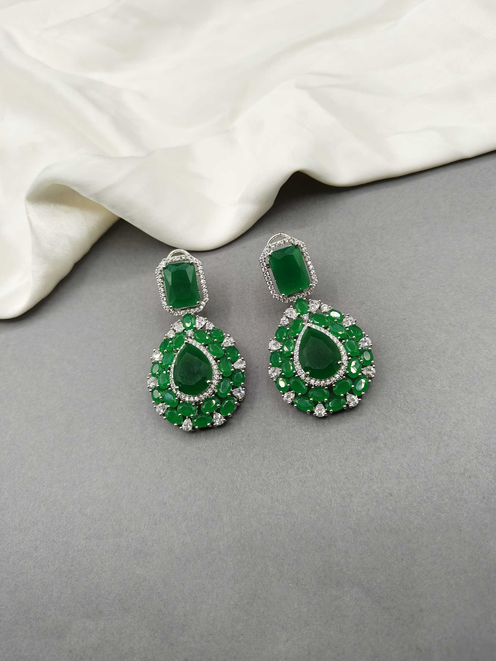 Cubic Zircon Silver-Plated Green Drop Radiance Women Earring