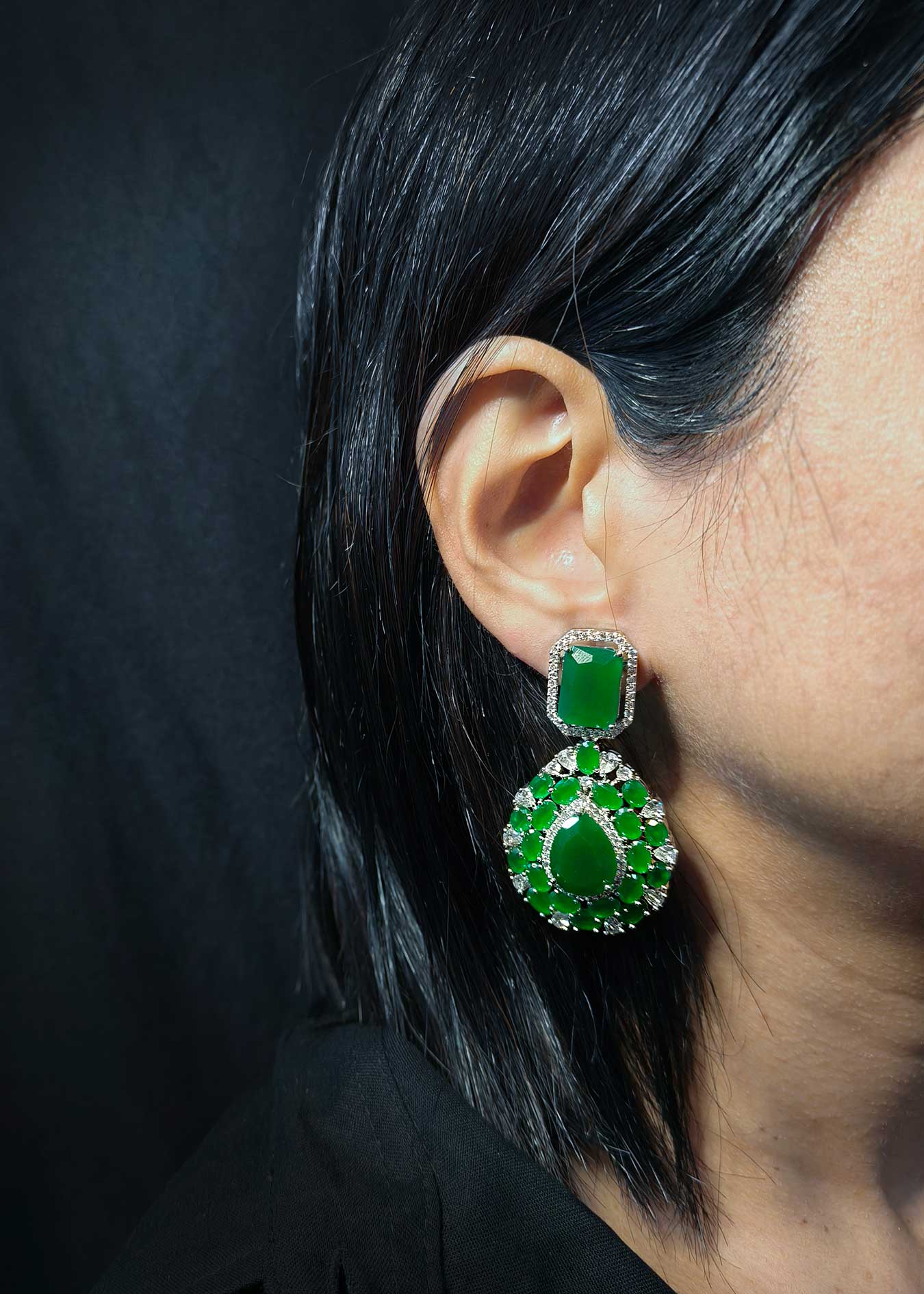 Cubic Zircon Silver-Plated Green Drop Radiance Women Earring