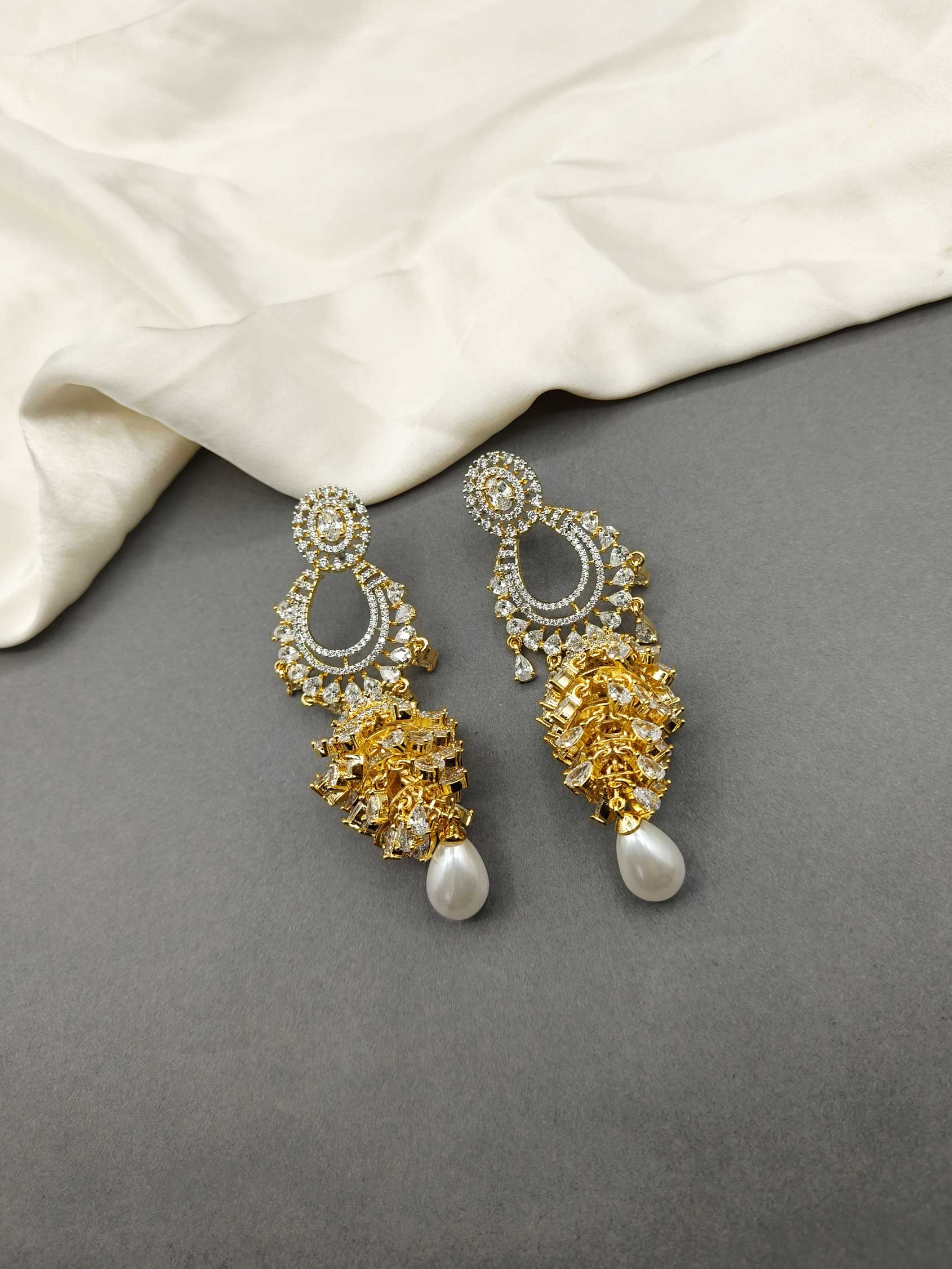 Gold-Silver Plated Cubic Zircon Drop Pearl Long Women Earring