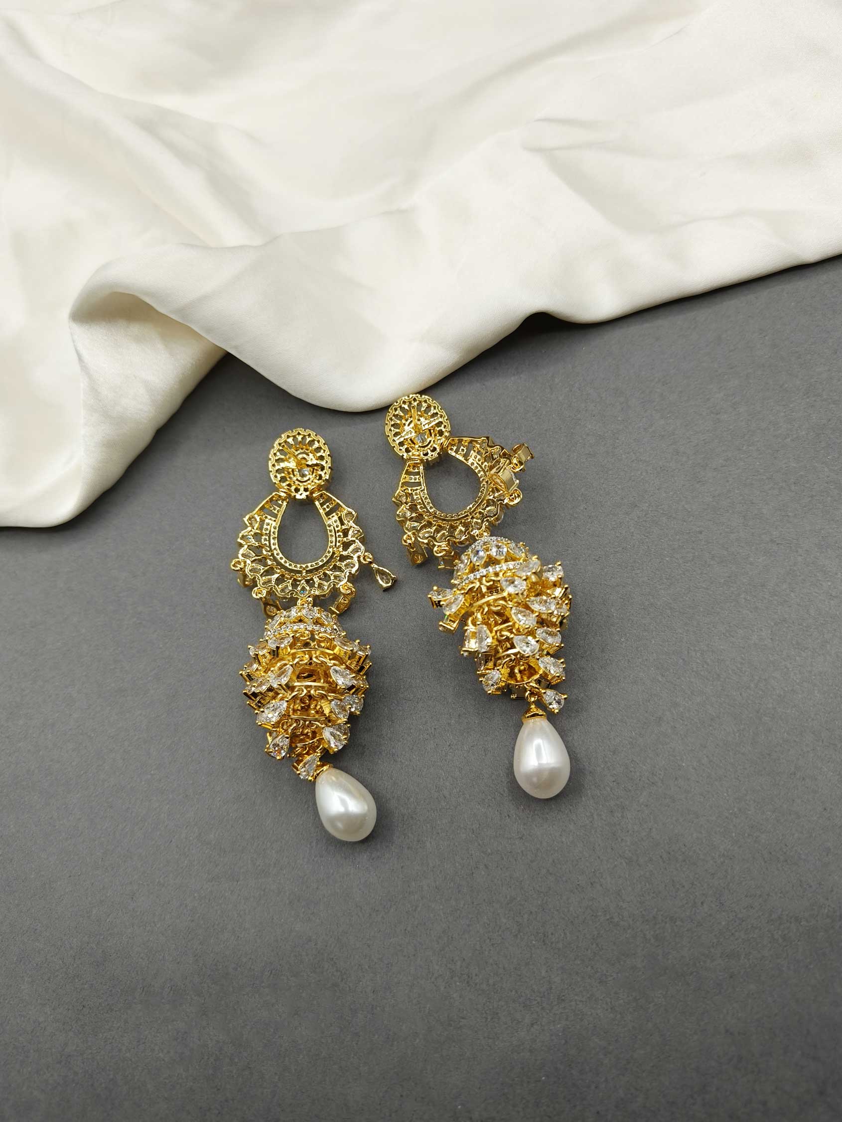 Gold-Silver Plated Cubic Zircon Drop Pearl Long Women Earring