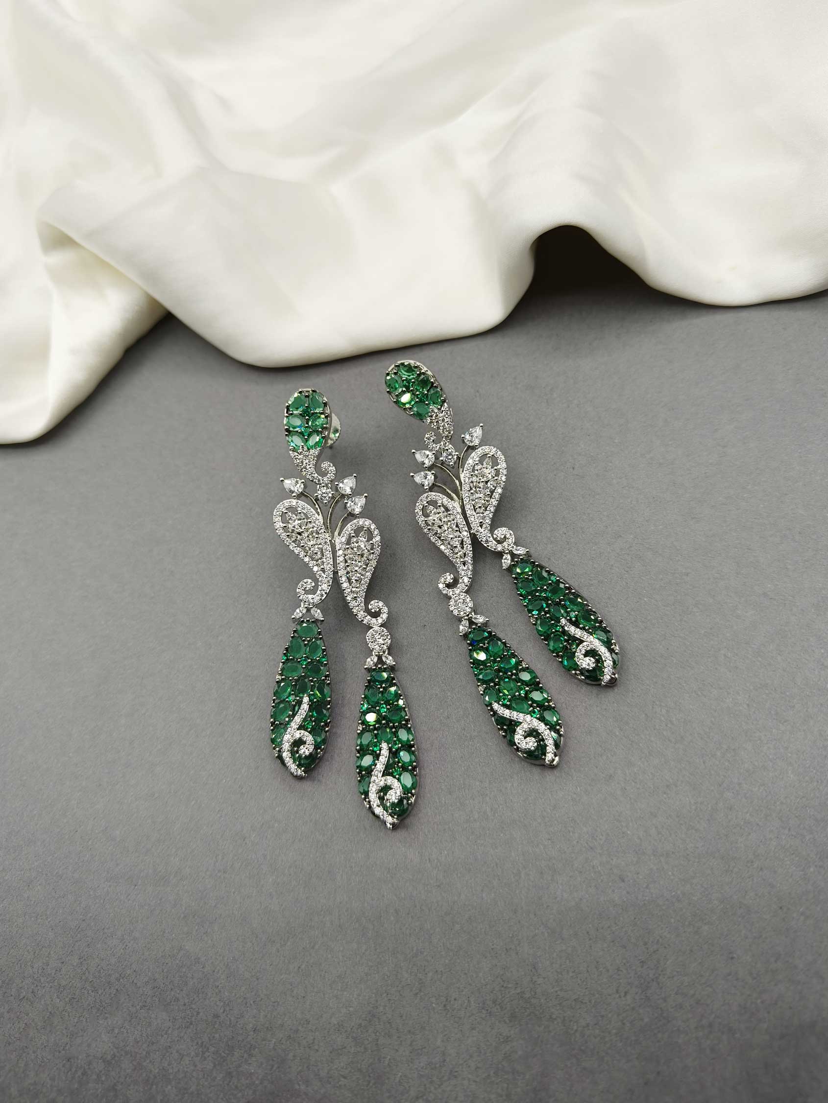 Floral Drop Cubic Zircon Silver Plated Long Women Earring