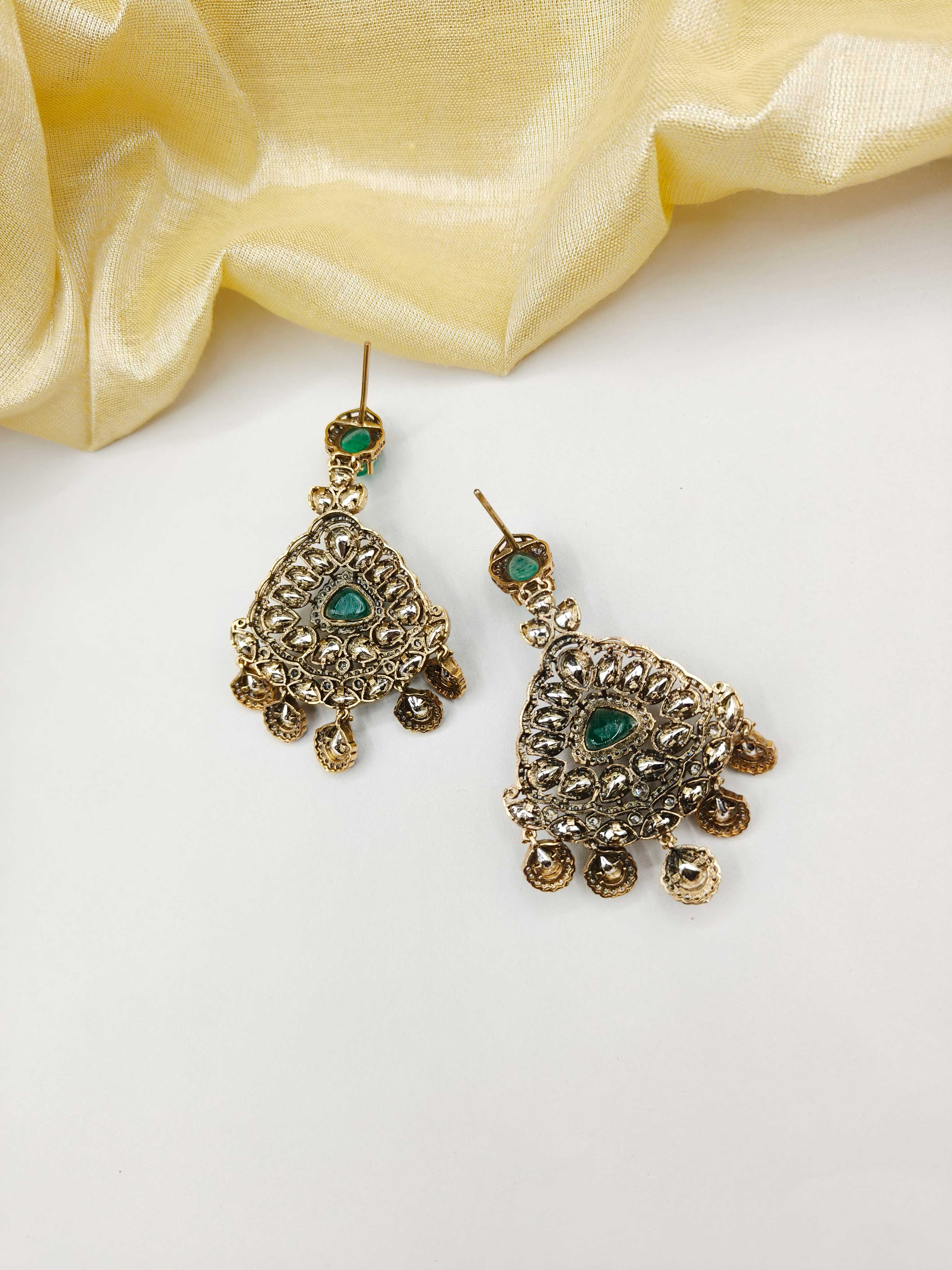 Antique-Gold Traditional Stone Hanging Cubic Zircon Kundan Women Earring