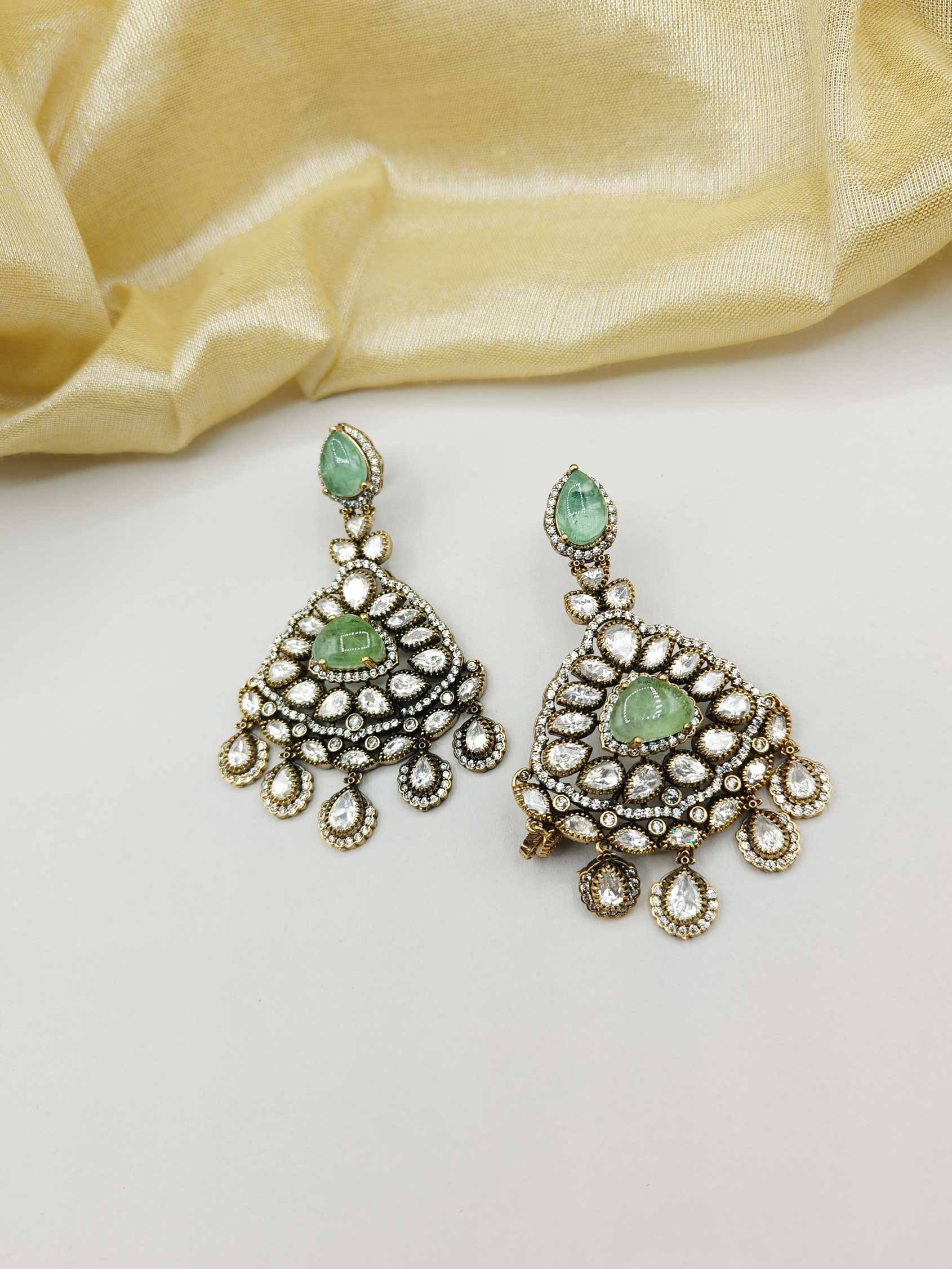 Antique-Gold Traditional Stone Hanging Cubic Zircon Kundan Women Earring