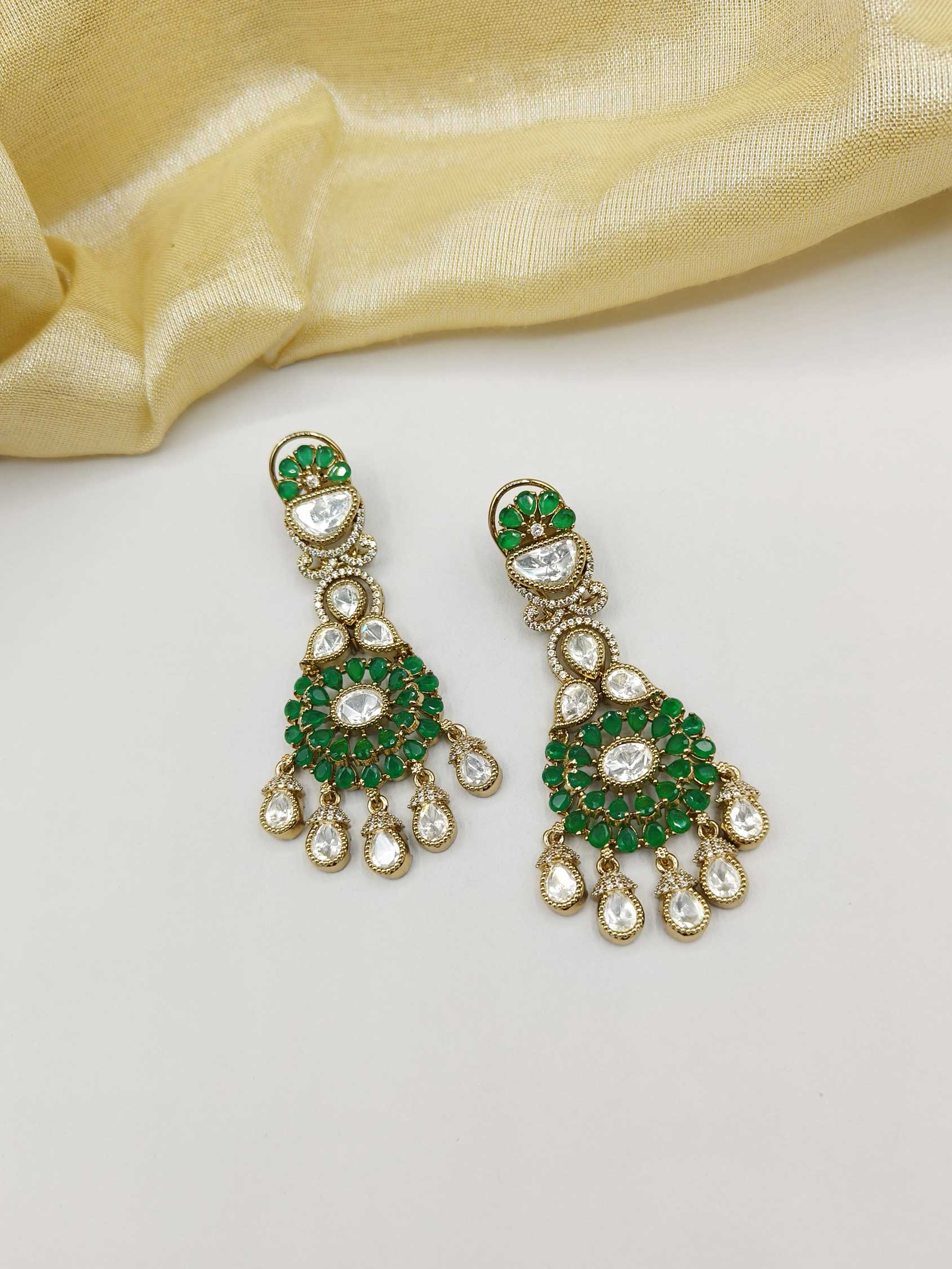 Antique-Gold Round Shape Kundan Drop Cubic Zircon Long Women Earring