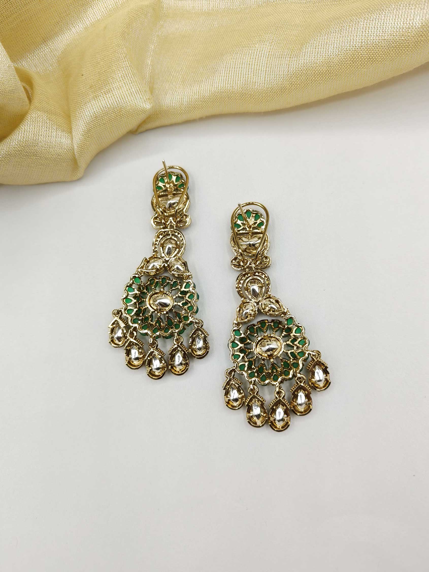 Antique-Gold Round Shape Kundan Drop Cubic Zircon Long Women Earring