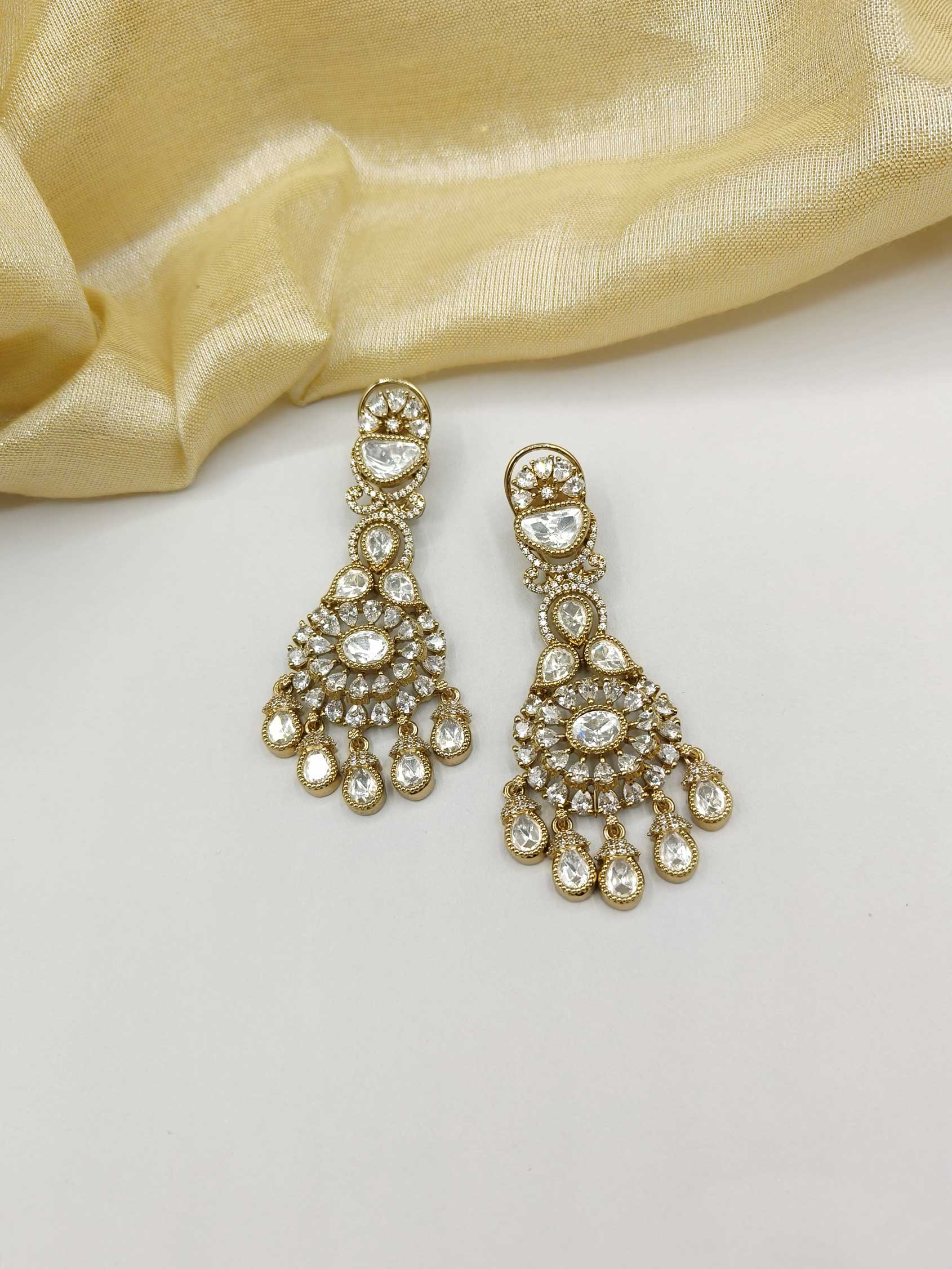 Antique-Gold Round Shape Kundan Drop Cubic Zircon Long Women Earring