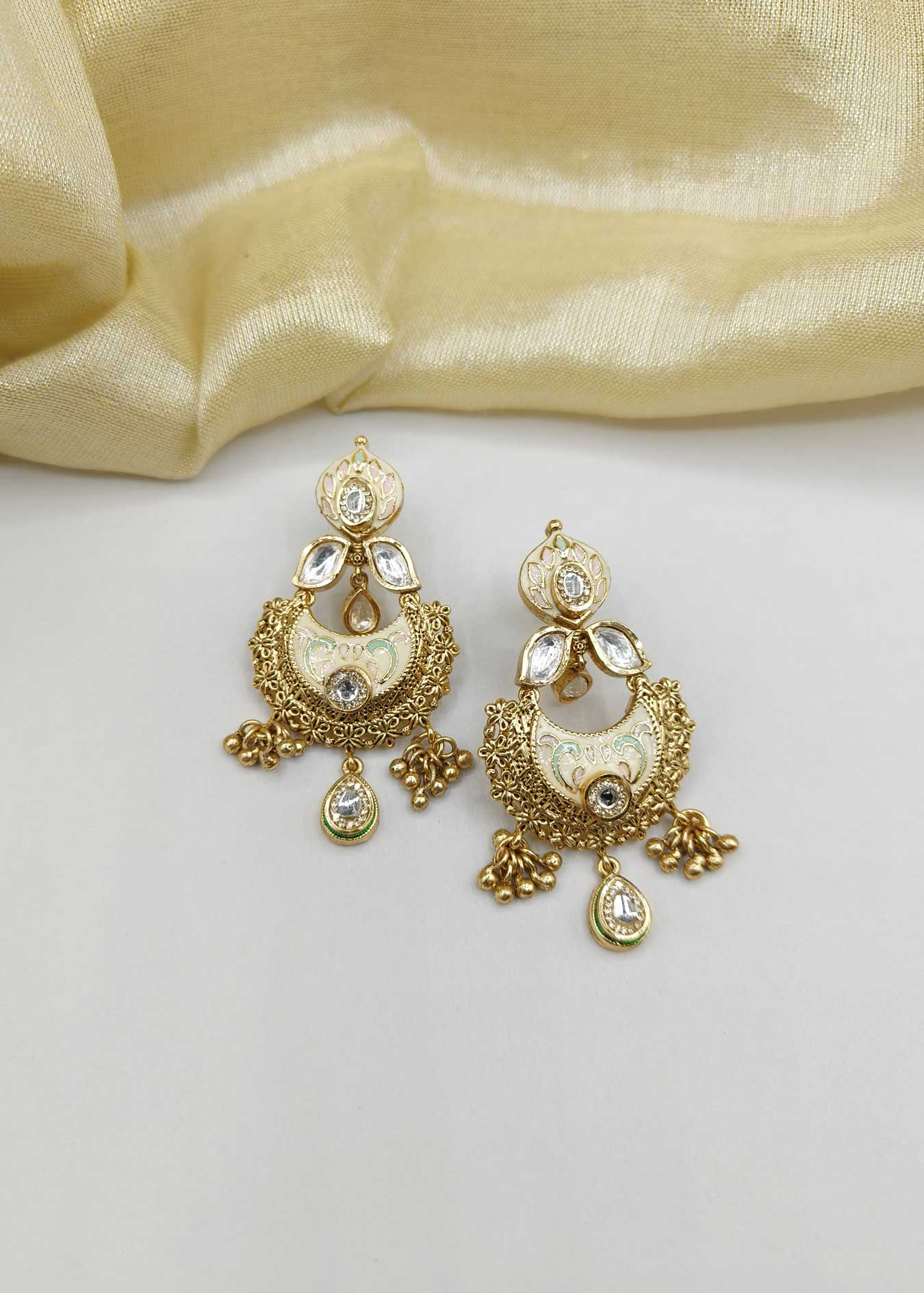 Cubic Zircon Chand Bali Meenakari Kundan Gold Plated Classic-Drop Women Earring