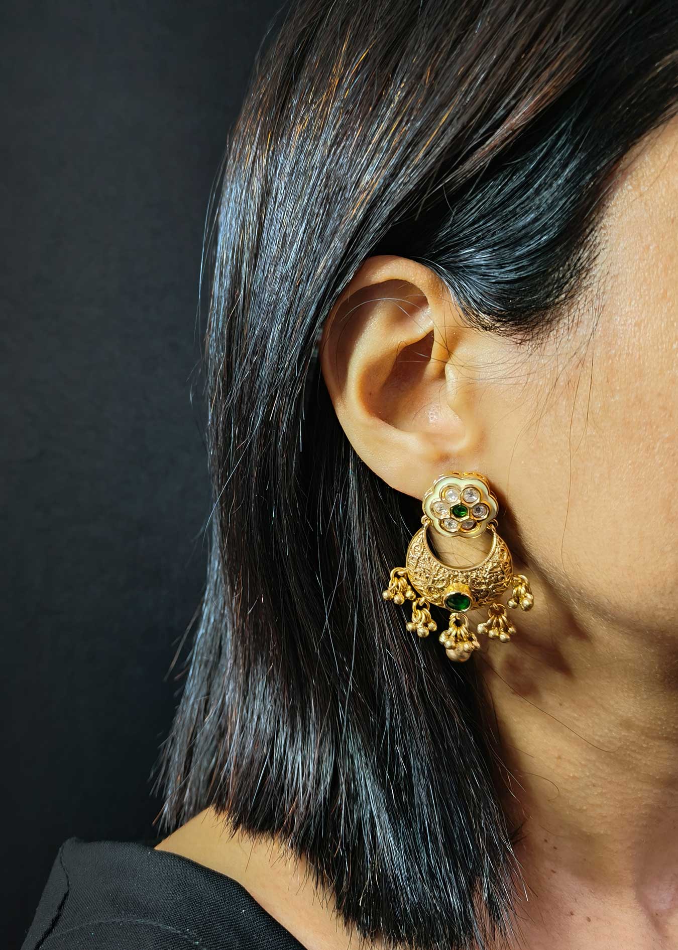 Gold-Plated Meenakari Kundan Small Chand Bali Women Earring