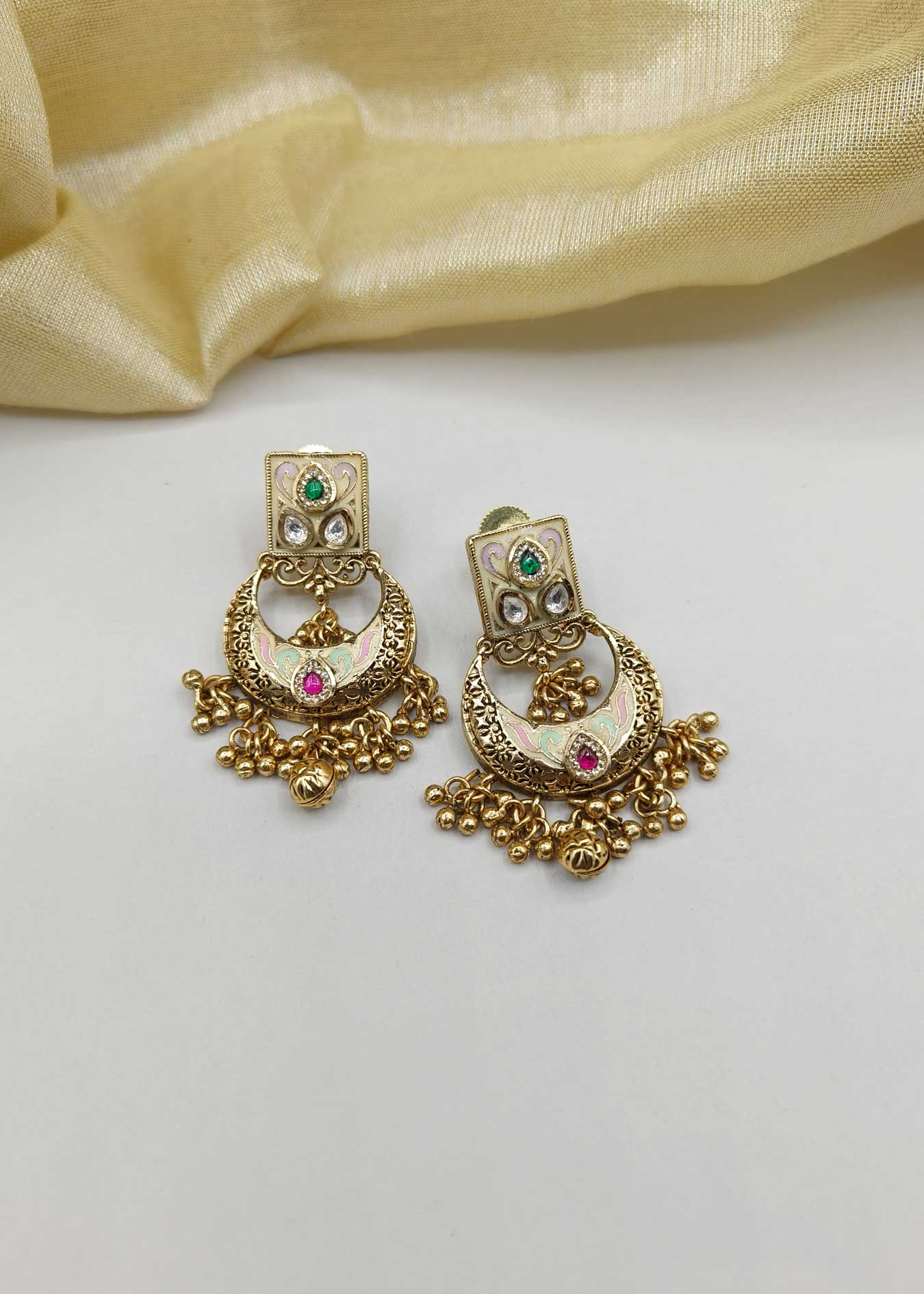 Antique Kemp Chand Bali Cubic Zircon Meenakari Kundan Women Earring