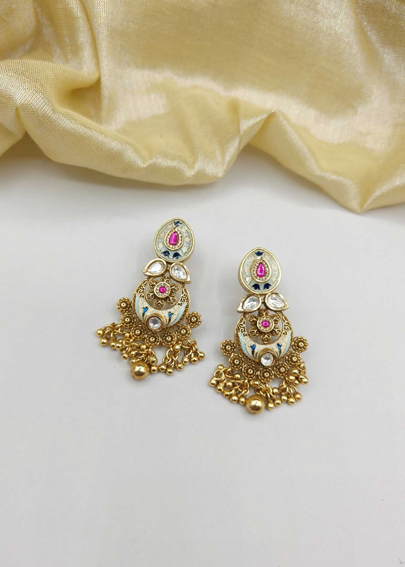 Cubic Zircon Meenakari Kundan Antique Gold Plated Chand Bali Women Earring