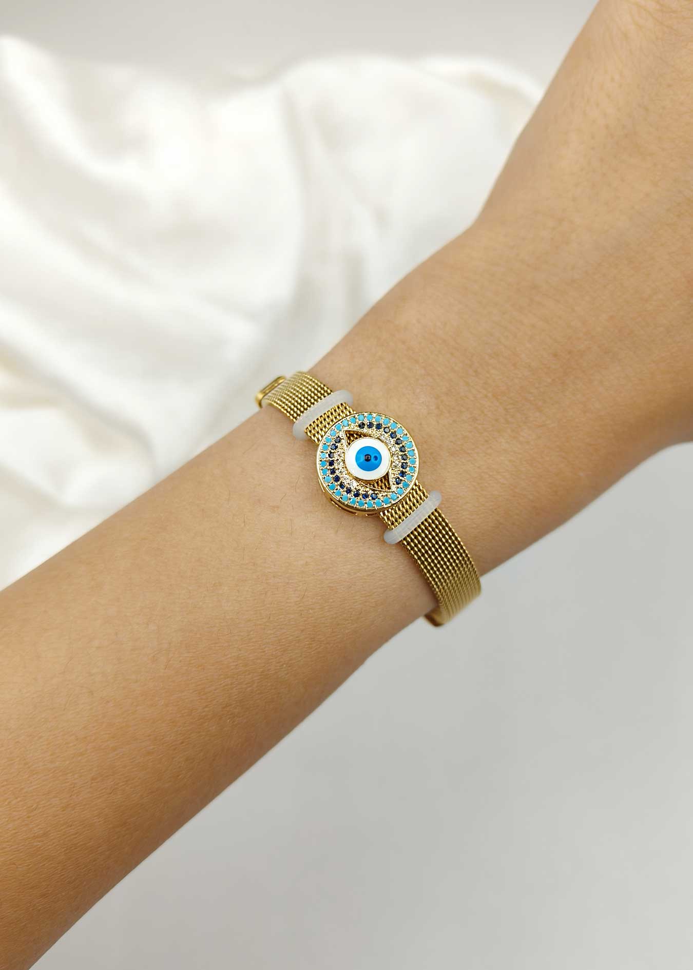 Cubic Zircon Gold-Silver Plated Evil Eye Strap Women Loose Bracelet