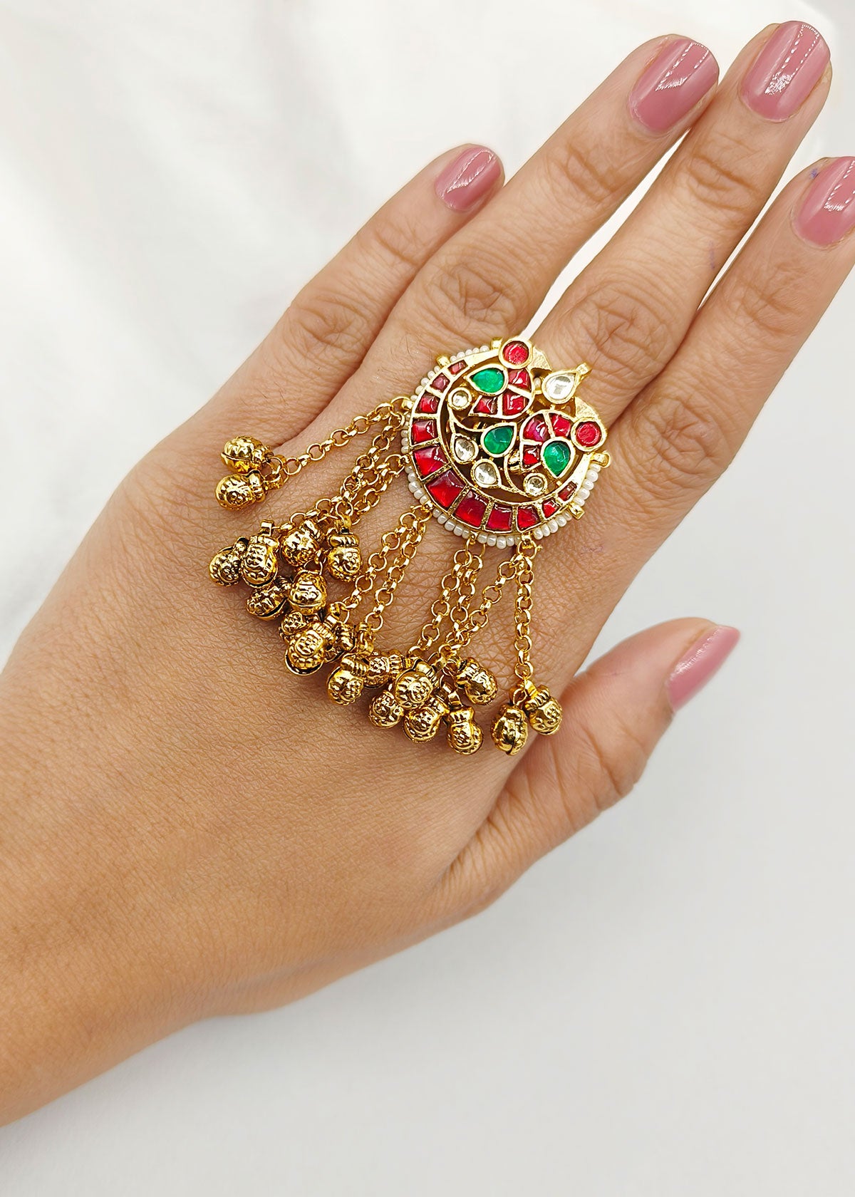 Ruby-Emerald Traditional Gold-Plated Elegant Women Adjustable Finger Ring