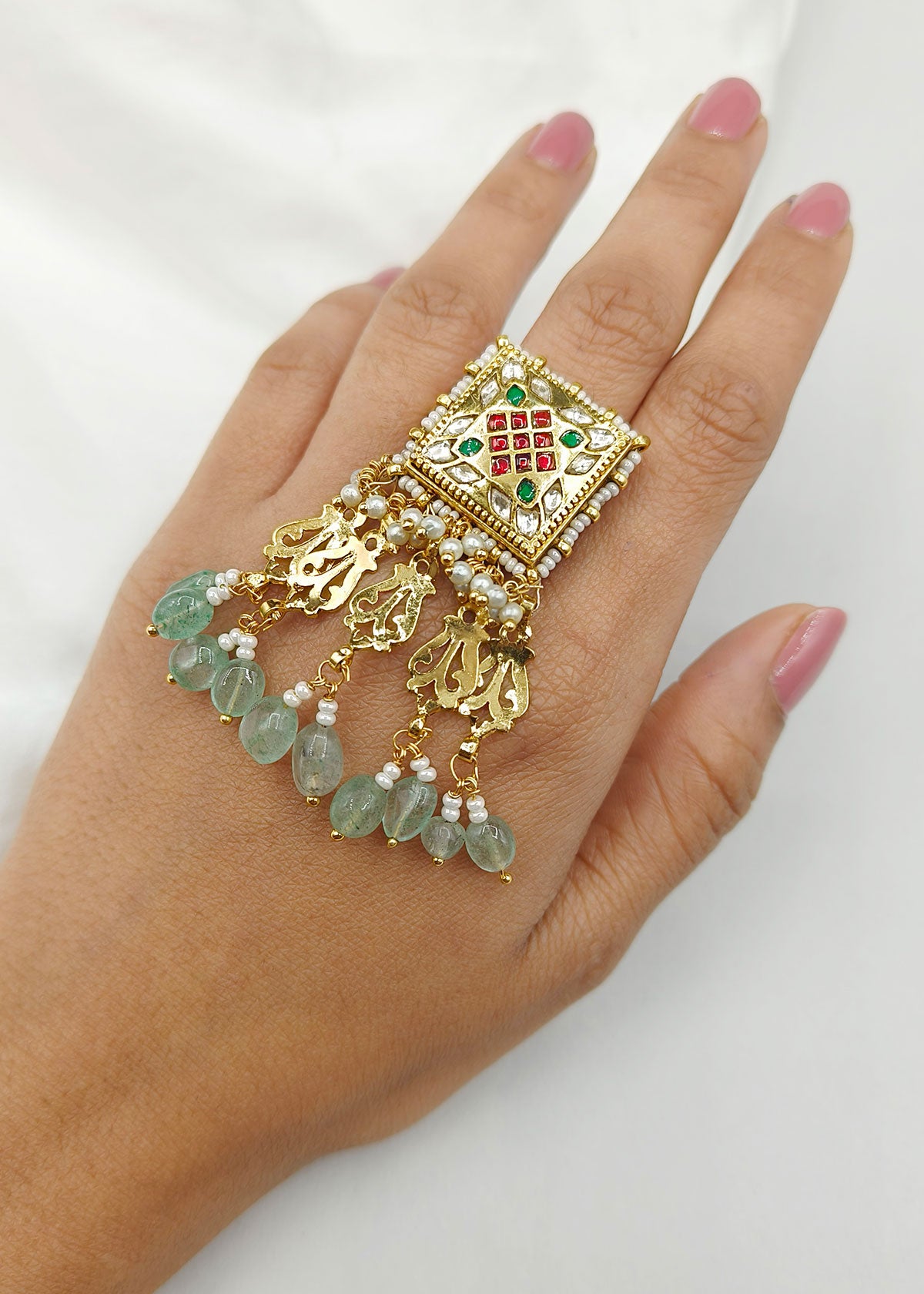 Square Shape Multi Gold-Plated Pearl Women Adjustable Finger Ring