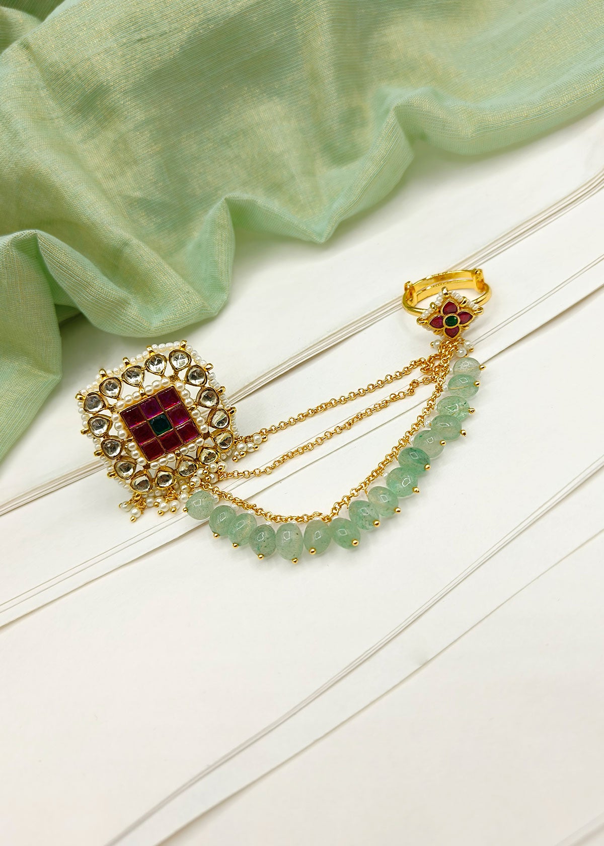 Ruby-Emerald Gold-Plated Kundan Traditional Women Adjustable Finger Ring