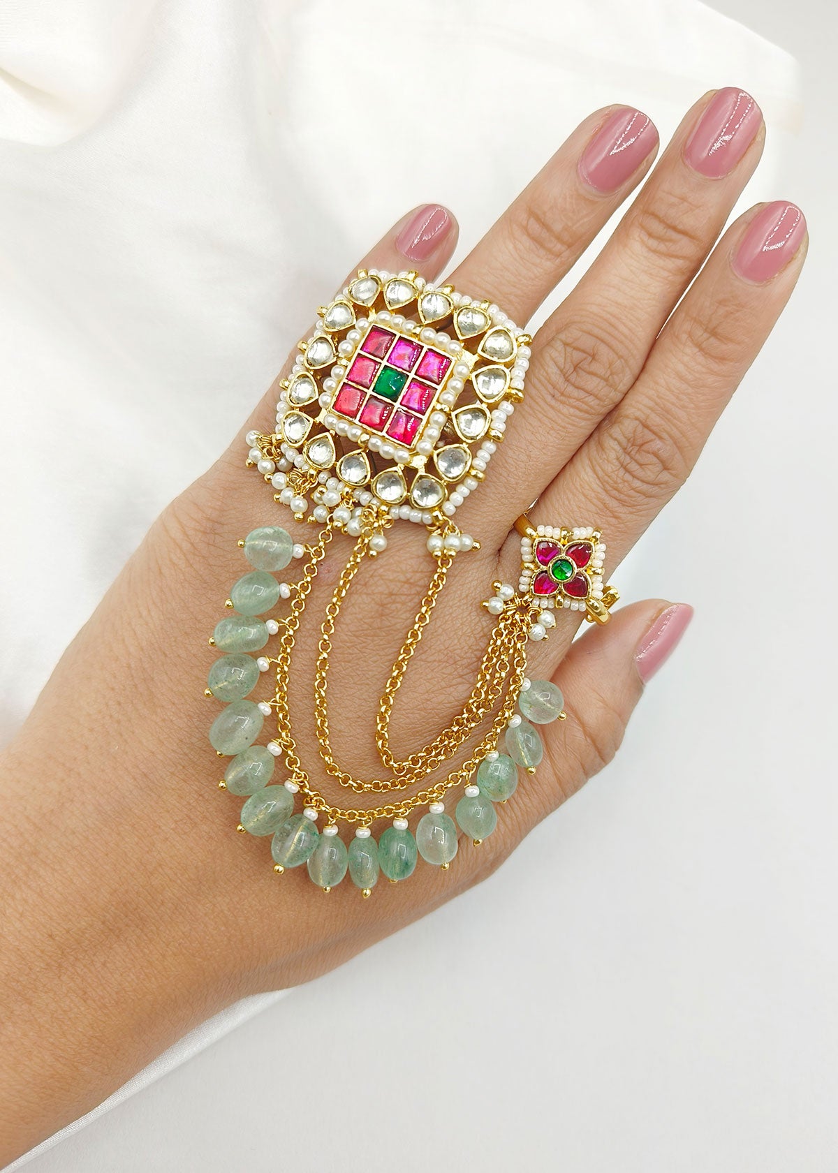 Ruby-Emerald Gold-Plated Kundan Traditional Women Adjustable Finger Ring