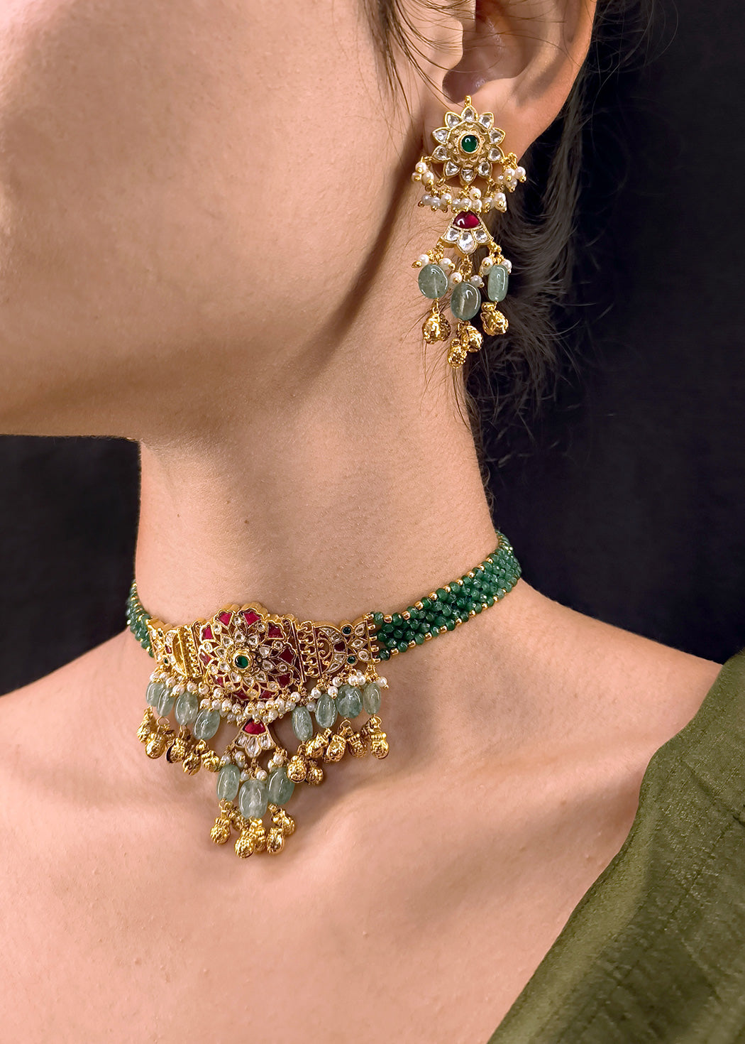 Gold-Plated Ruby-Emerald Kundan With Pearl Choker Necklace Set