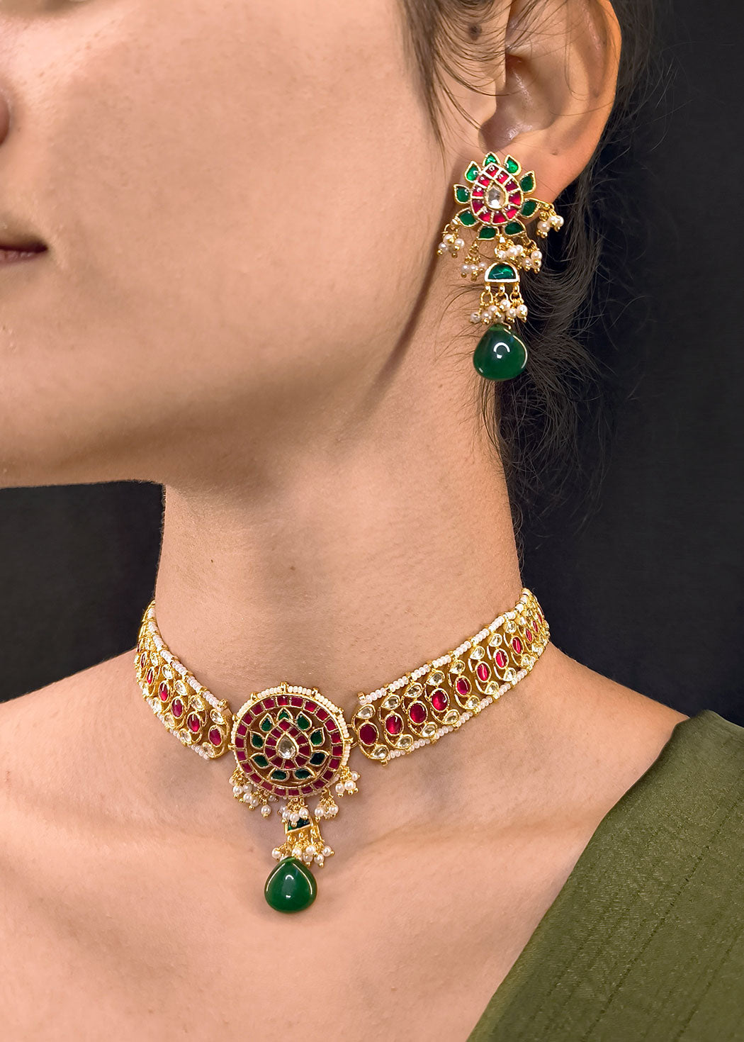 Gold-Plated Ruby Emerald Round Shape Choker With Pearl Pachi Kundan Necklace Set