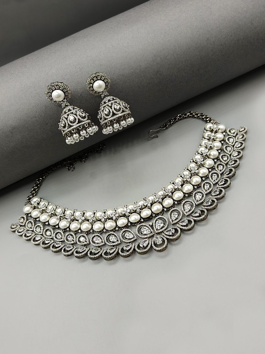 Cubic Zircon Victorian New Traditional Design  Oxidised Pearl Necklace Set