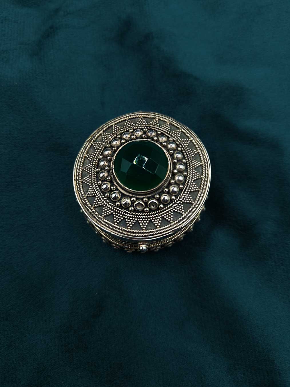 92.5 Sterling Silver Emerald Stone Kumkum Box / Sindoor Box