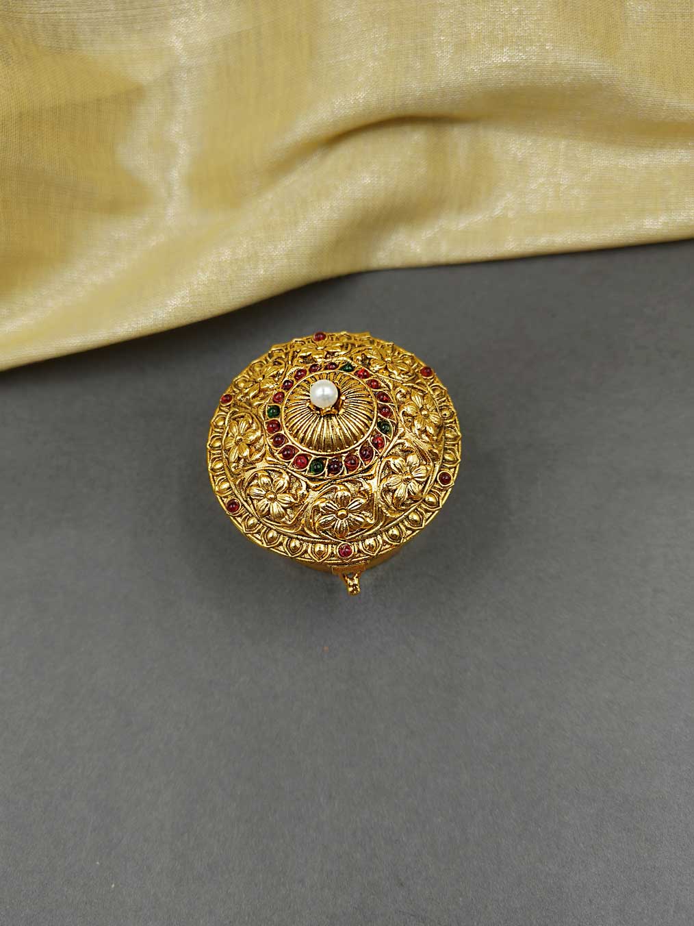 Flower Design Gold Plated Kumkum Box / Sindoor Box