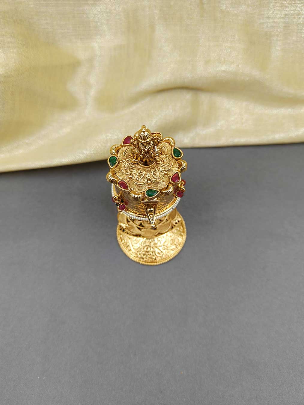 Lakshmi Design Red and Green Stone Gold Plated Kumkum Box / Sindoor Box