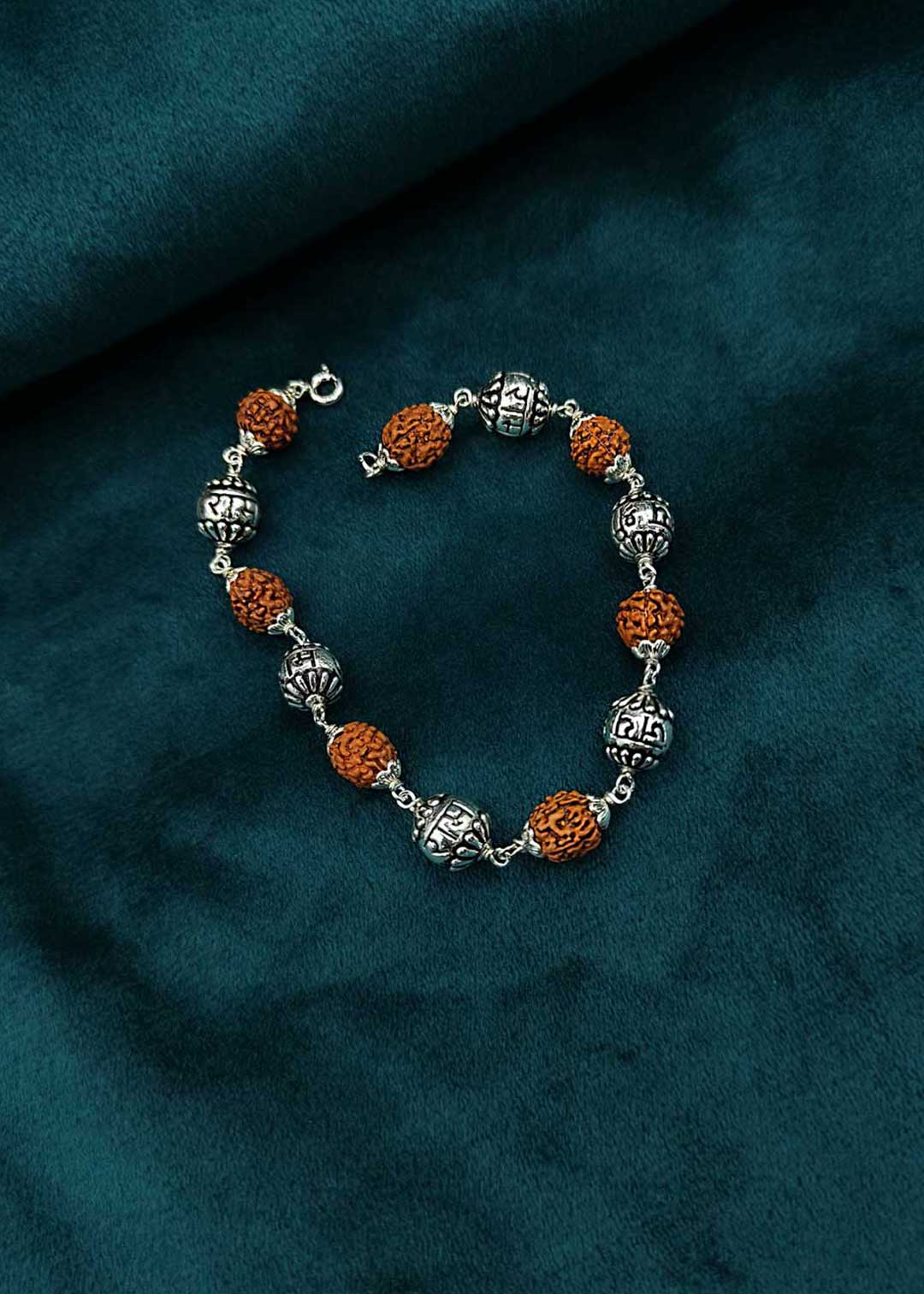 92.5 Sterling Silver Jai Shree Ram Design Rudraksha Unisex Loose Bracelet