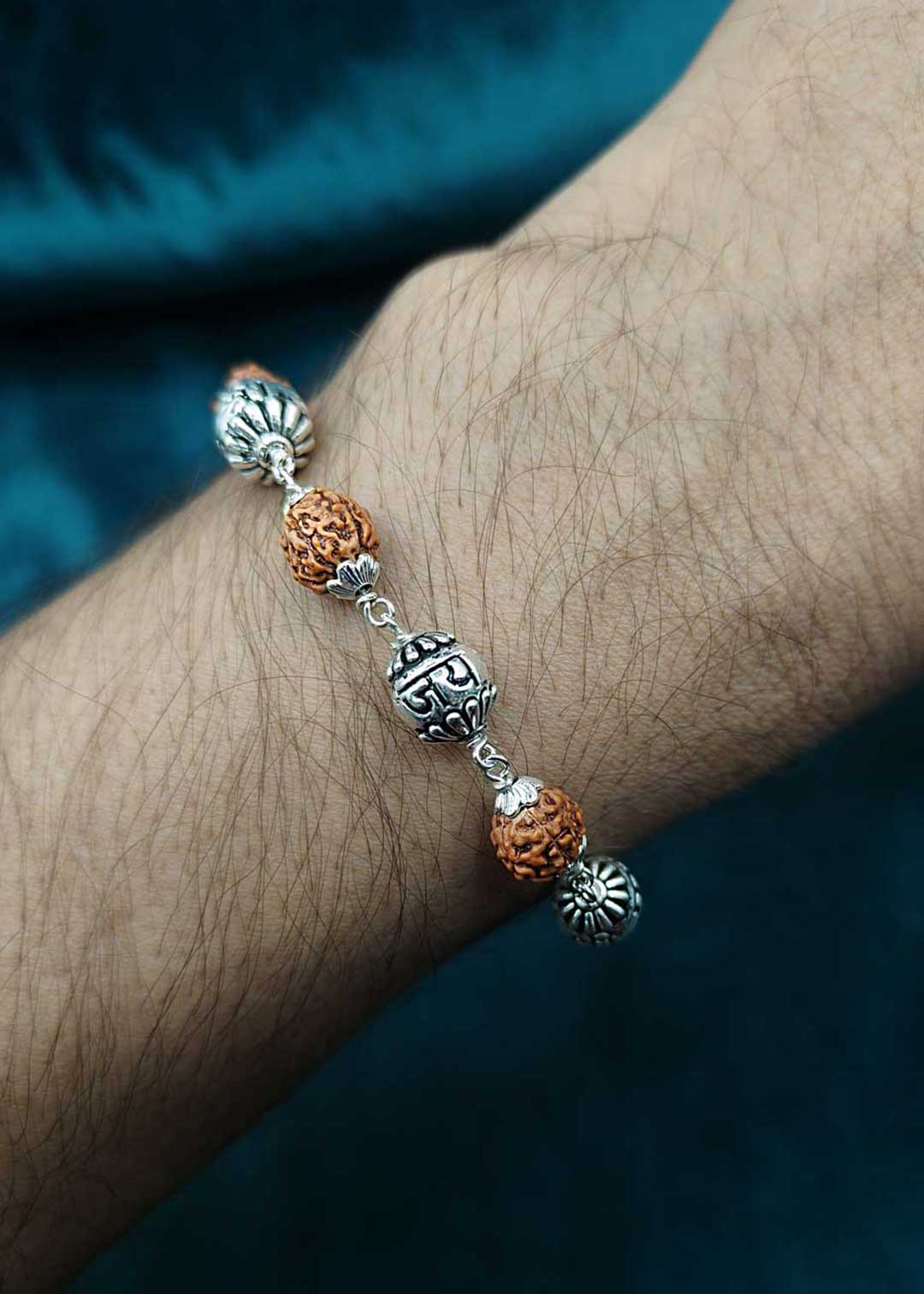 92.5 Sterling Silver Jai Shree Ram Design Rudraksha Unisex Loose Bracelet