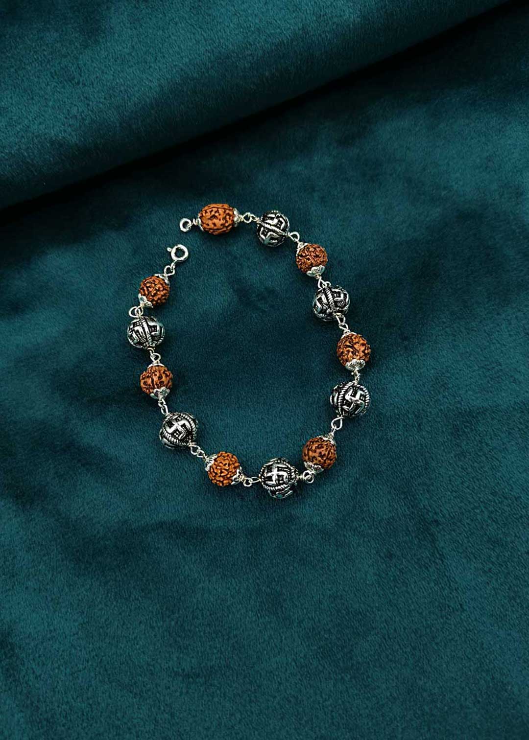 92.5 Sterling Silver Swastik Design Rudraksha Unisex Loose Bracelet